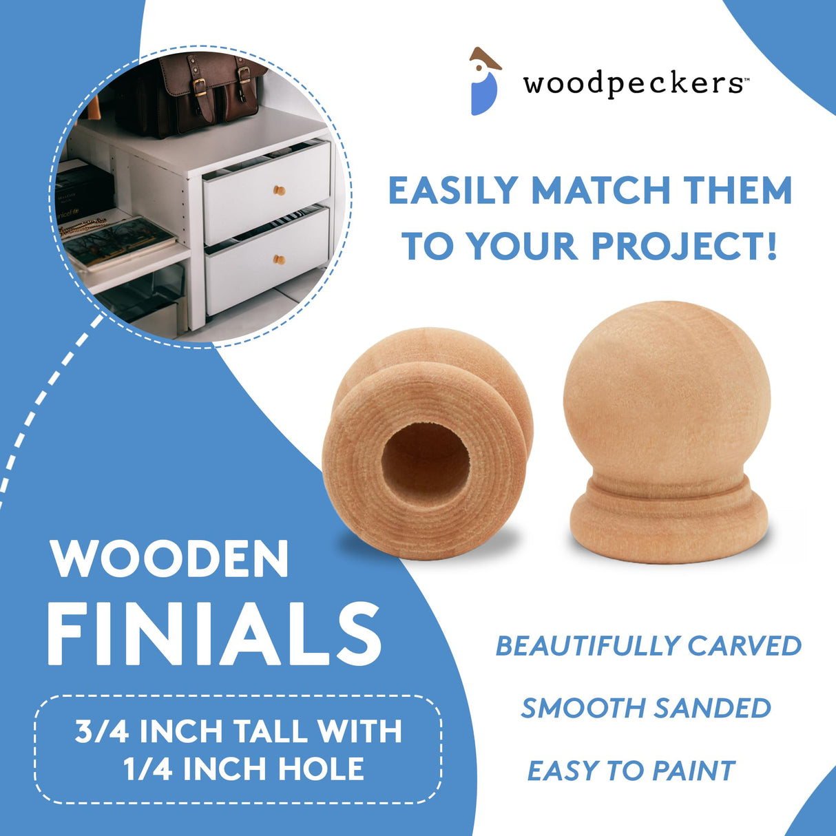 Wood Finials, 3/4 Inch Tall with 1/4 Inch Hole, Unfinished Wood Finials for 1/4 Inch Dowel Rods, Wood Dowel Caps for Crafts and DIY, Pack of 24 by Woodpeckers