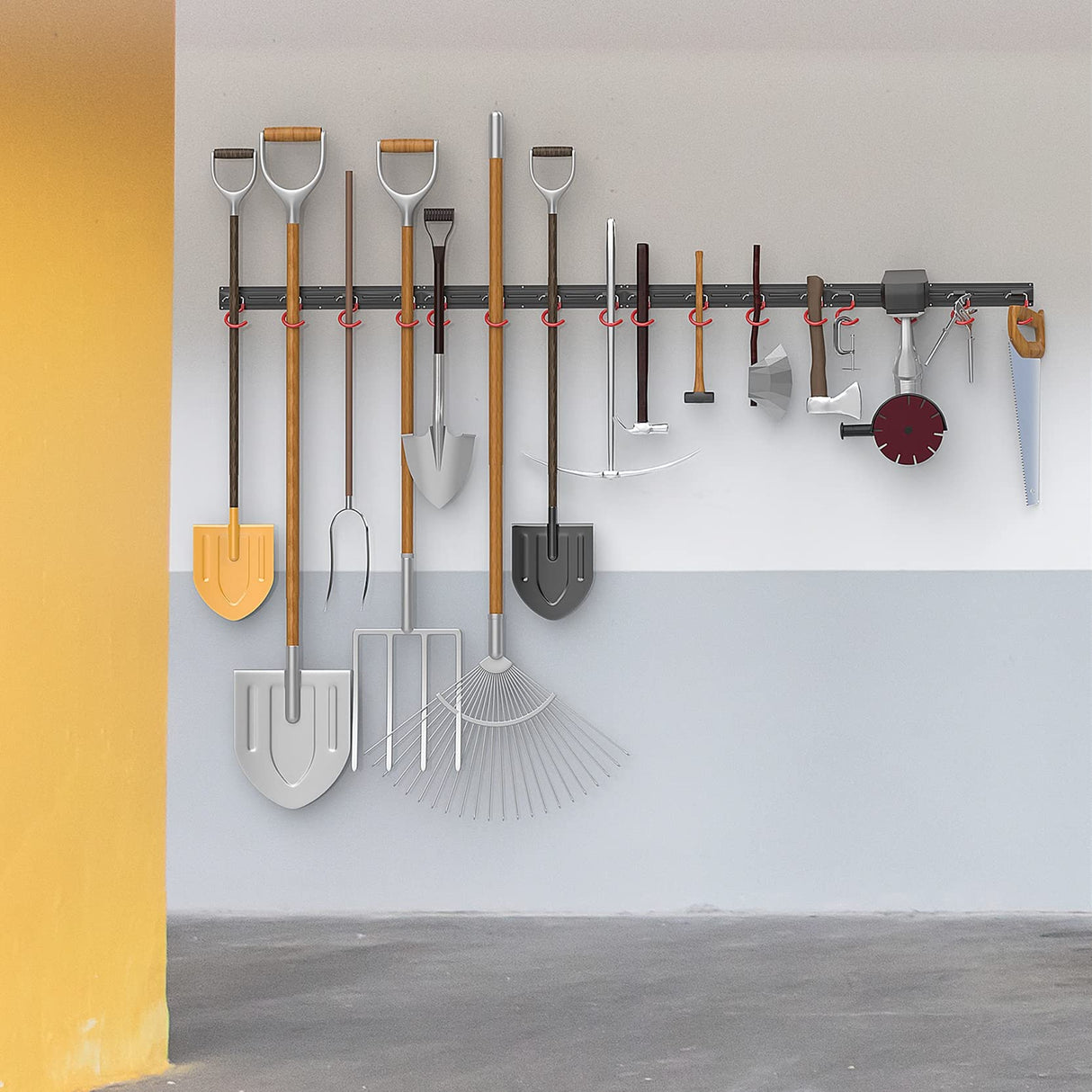 WALMANN All Metal 64 Inch Wall Mount Garden Tool Organizer for Garage, Mop and Broom Holder, Yard Tool Storage Rack for Rake, Shovel, Spade, Mop, WALMANN