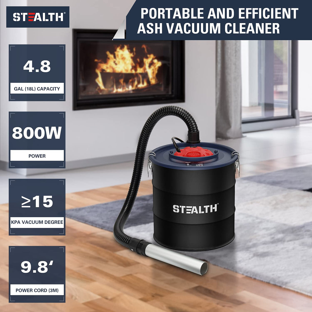 Stealth 4.8 Gallon Ash Vacuum, Portable Ash Vac with Powerful Suction for Fireplaces, Wood Burning Stoves, Bonfire Pits, Pellet Stoves, Model: EMV05S Stealth