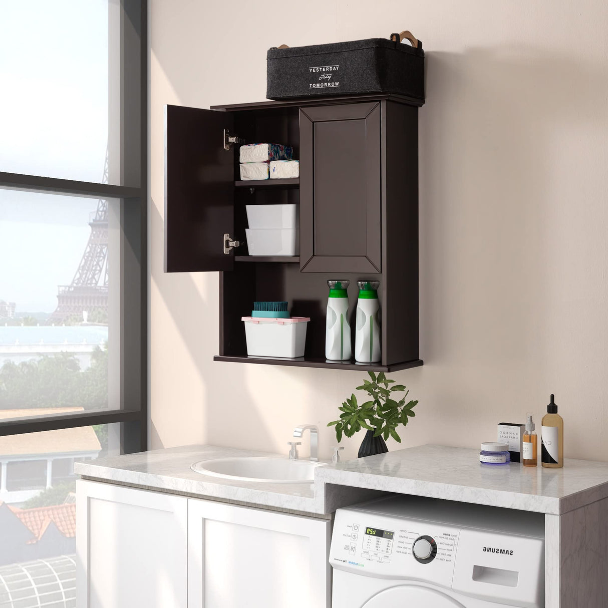 VANIRROR Brown Wall-Mounted Bathroom Cabinet with Adjustable Shelf and Stylish Design VANIRROR