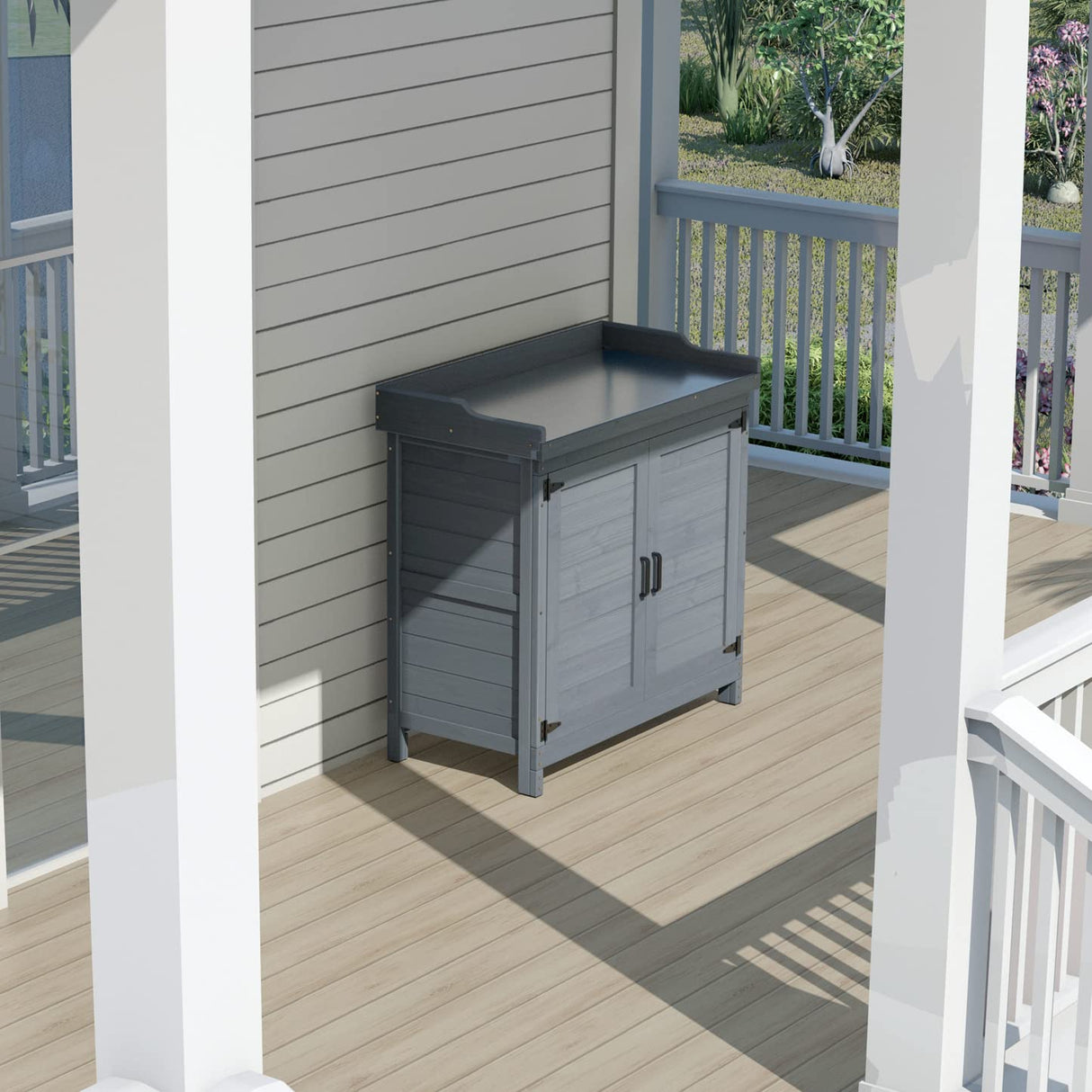 GOOD LIFE USA Outdoor Garden Patio Wooden Storage Cabinet Furniture Waterproof Tool Shed with Potting Benches Outdoor Work Station Table (Gray) GDLF