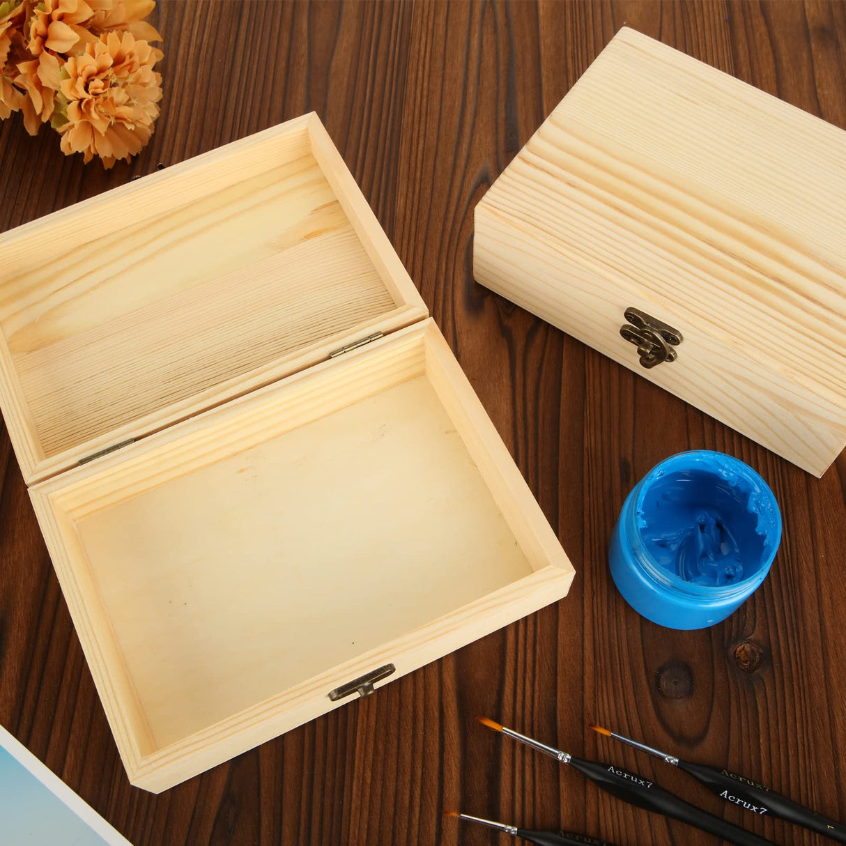 DAJAVE 4 Pack Unfinished Wooden Box, Wooden Box with Hinged Lid, Small Bulk Wood Boxes for Crafts, DIY, Arts Hobbies and Home Storage(7x5x2 Inch) DAJAVE