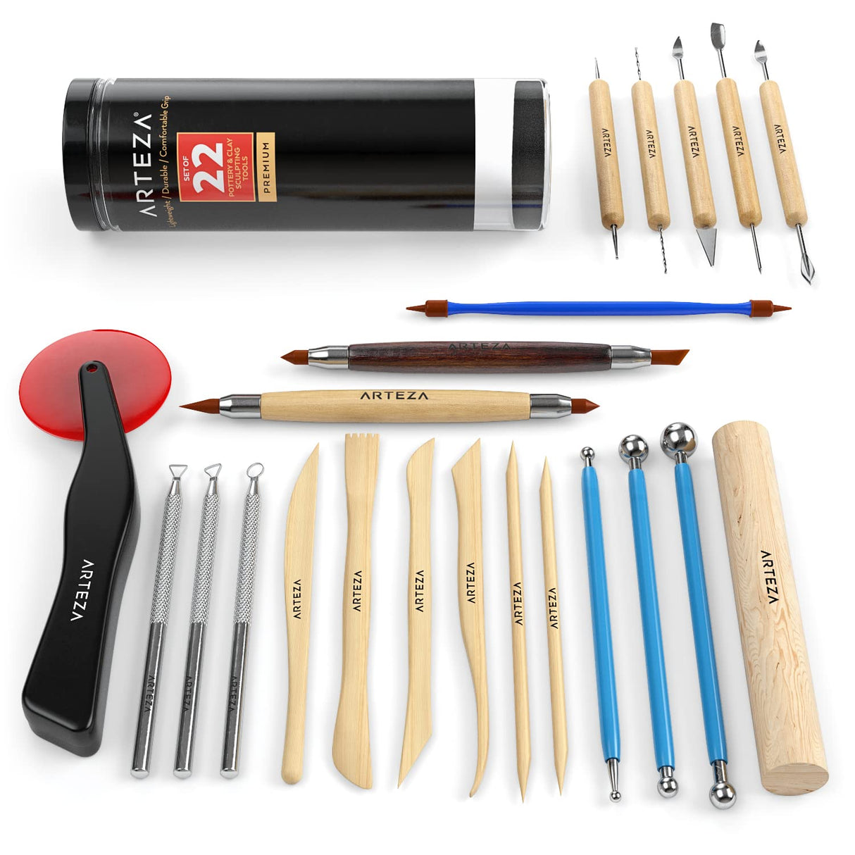 ARTEZA Pottery Tools & Clay Sculpting Tools, Set of 22 Pieces in PET Storage Tube, for Clay, Pottery, Ceramics Artwork & Holiday Crafts ARTEZA