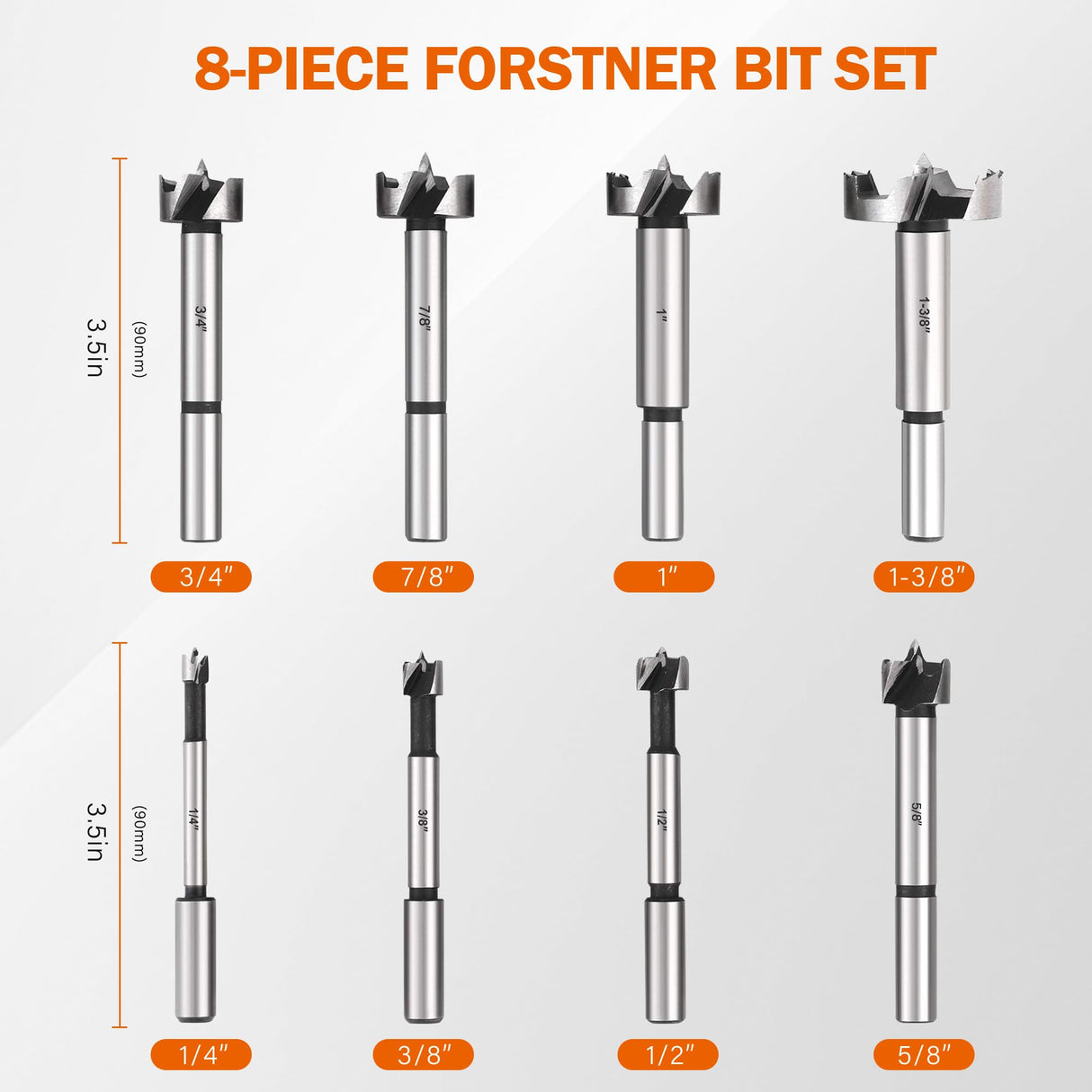 KENDO 8 Piece Forstner Bit Set, Made of Alloy Steel, Forstner Bits for Woodworking, Auger Opener Round Shank Drilling Cutting Tool for Hardwood, Kendo