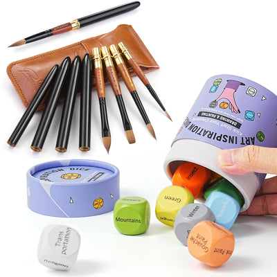 Sable Travel Watercolor Brushes & Inspiration Art Dice, Fuumuui 4pcs Kolinsky Sable Watercolor Travel Brushes with Wooden Art Dice for Creative Block