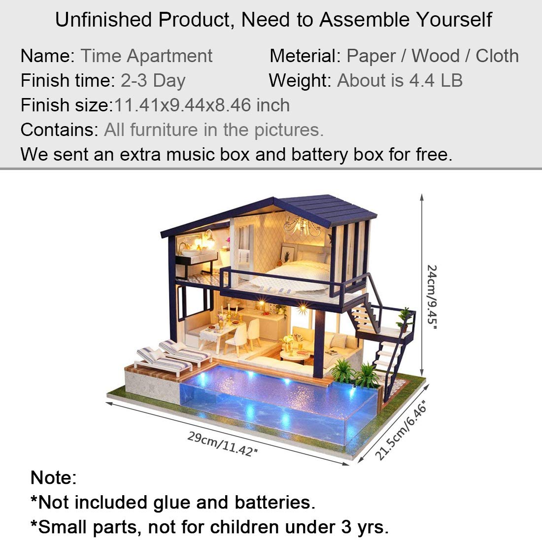 DIY Miniature Dollhouse Kit,UniHobby Time Apartment DIY Dollhouse Kit with Wooden Furniture Light Gift House Toy for Adults UniHobby