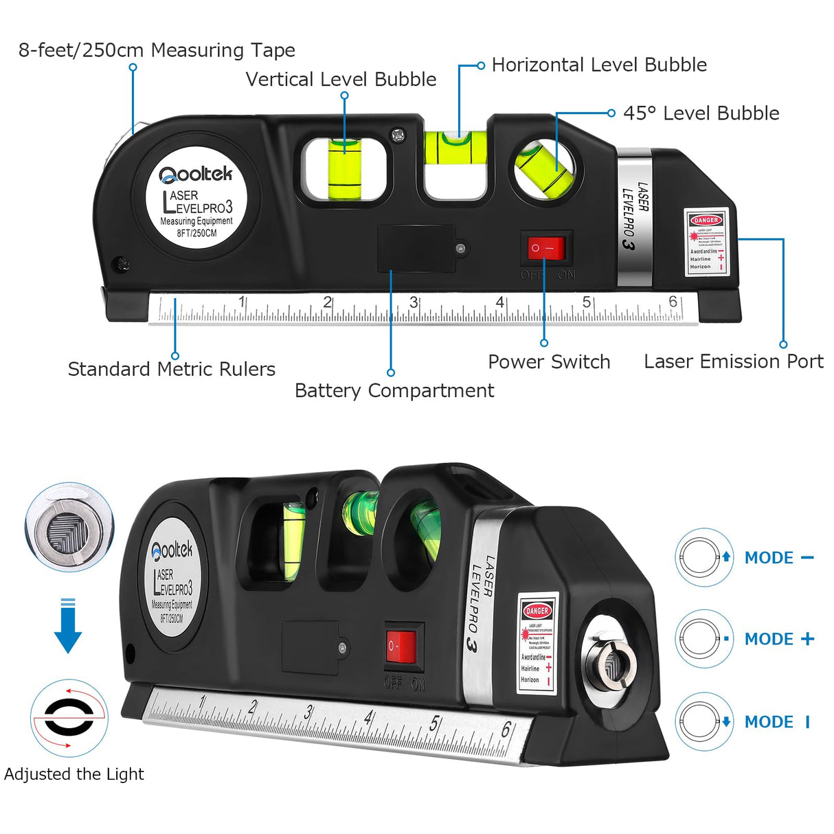 Laser Level Line Tool, Qooltek Multipurpose Cross Line Laser 8 feet Measure Tape Ruler Adjusted Standard and Metric Rulers for hanging pictures Qooltek