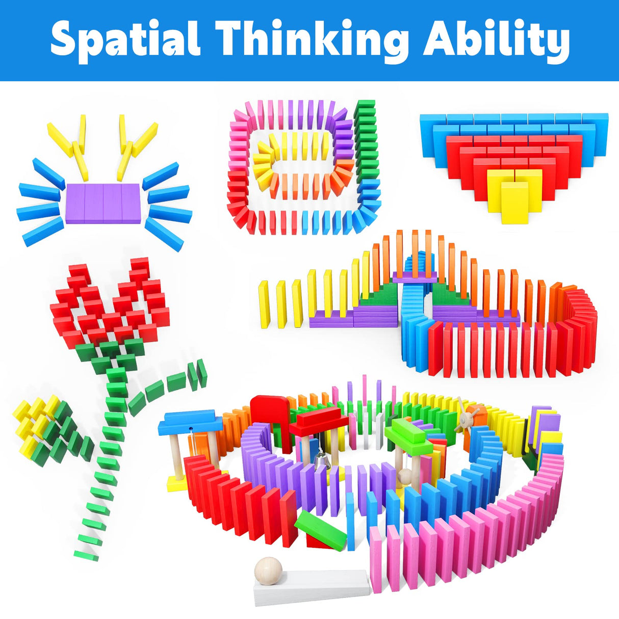 Large Dominoes for Kids, Wooden Dominos Set Include 200 PCS Colorful Domino Blocks, 11 Add-on Tricks and 1 Storage Bag, Bulk Building Dominoes, Tile PEBIRA