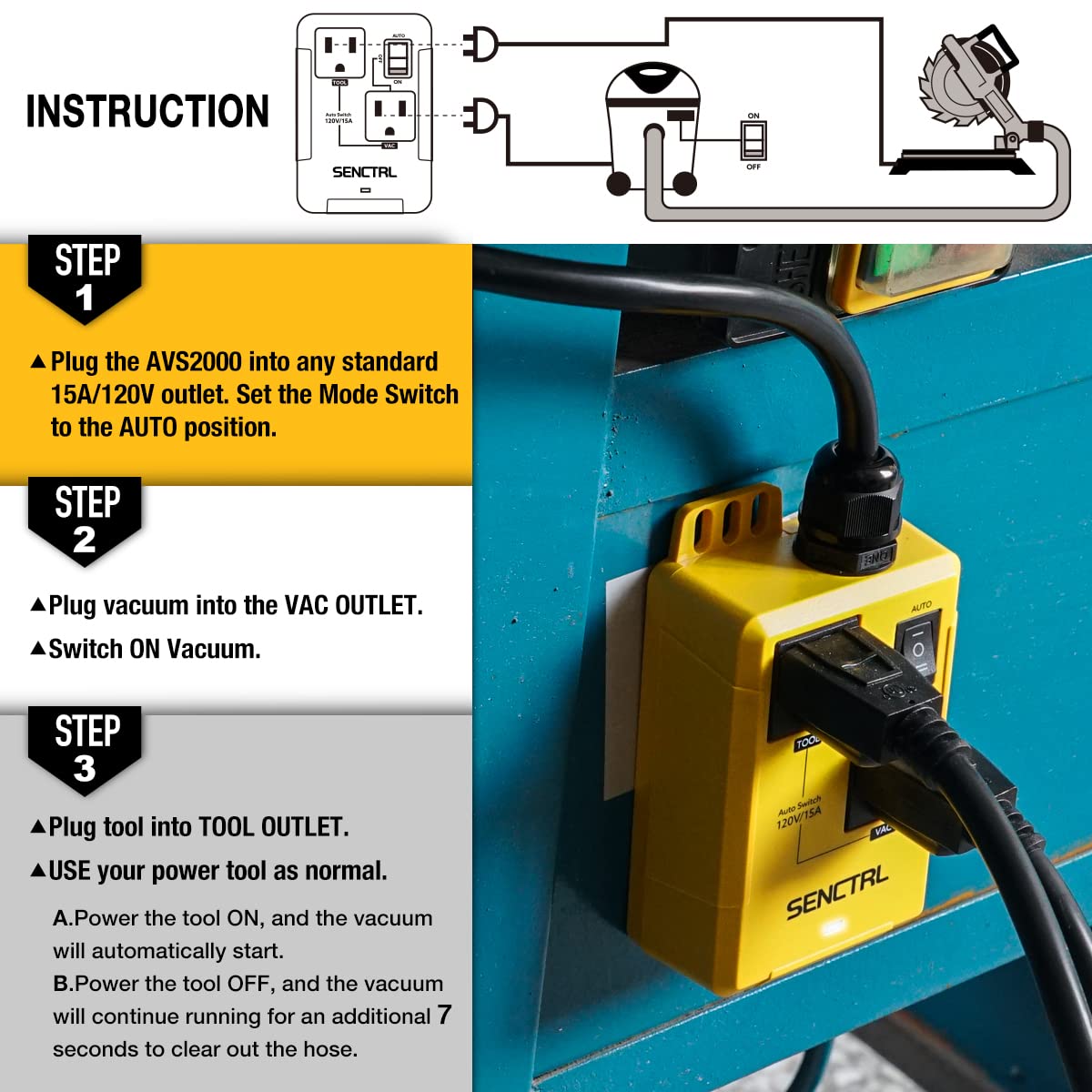 senctrl Automatic Vacuum Switch Allow Power Tool/Table Saw to Turn Vac Cleaner/Accessory On and Off Automatically, Load Sensing, On Delay Prevent senctrl