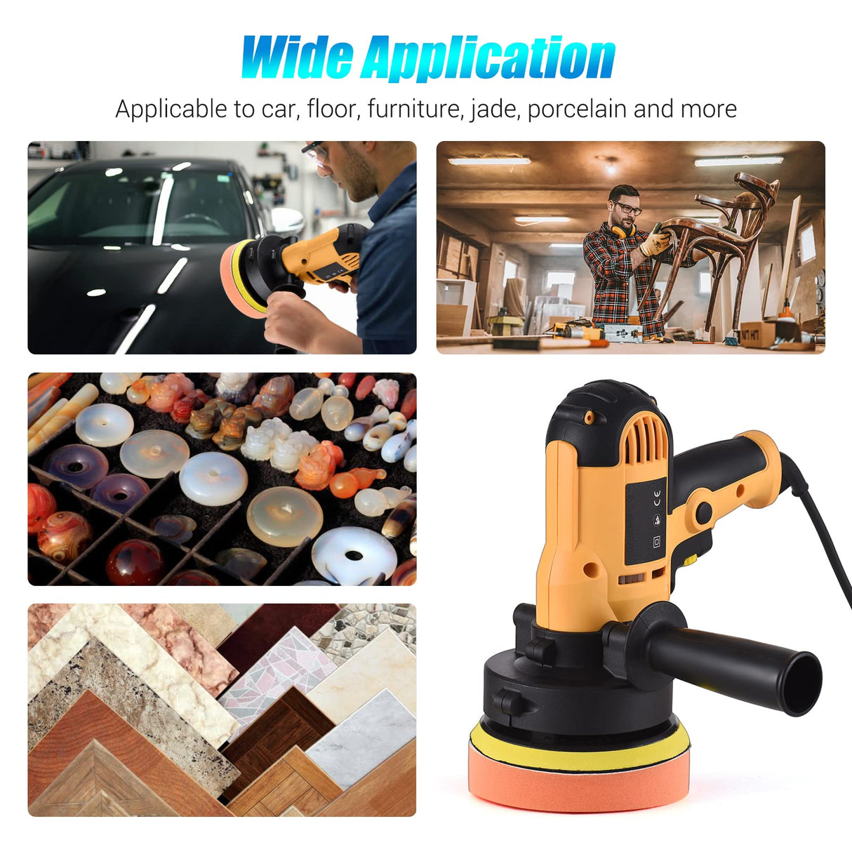 Buffer Polisher, Geevorks Buffer Waxer 5-inch, Variable Speed Car Polisher 600-3700RPM with Detachable Handle/ 6PCS Sponge Pad/ 6PCS Cloth Bonnet Geevorks