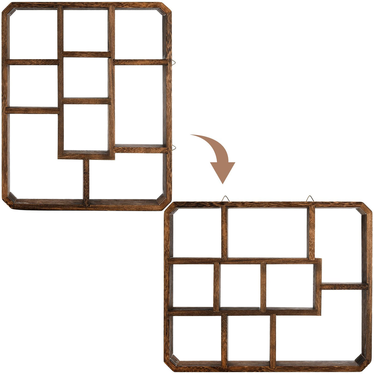 Frcctre Rustic Shadow Box Display Shelf, 9 Compartments Wood Hanging Display Shelf Floating Shelf, Multi-Slot Wall Mounted or Freestanding Farmhouse Frcctre