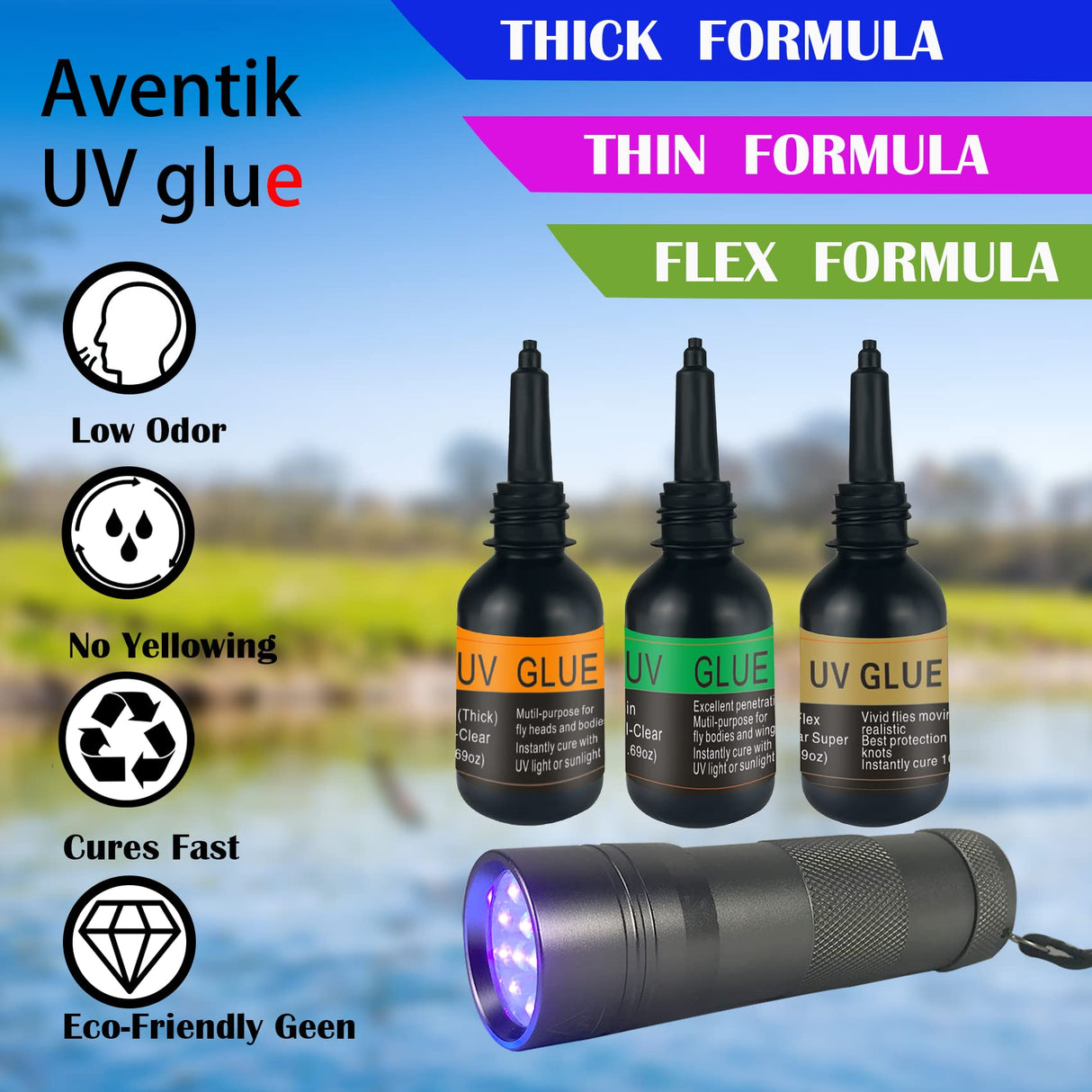 Riverruns UV Clear Glue Three Glue Formula Thick,Thin and Super Flew +12 LED Power Light Fly Tying for Building Flies Flies Heads Bodies and Wings Riverruns