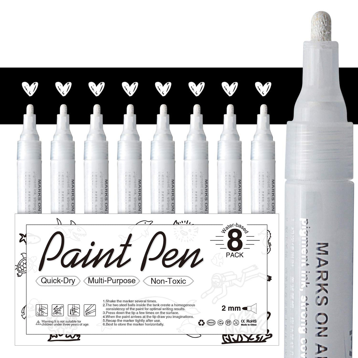 White Paint Pen for Art - 8Pack Acrylic White Paint Marker for Rock Painting, Stone, Wood, Canvas, Glass, Metal, Metallic, Ceramic, Tire, Graffiti, AKARUED