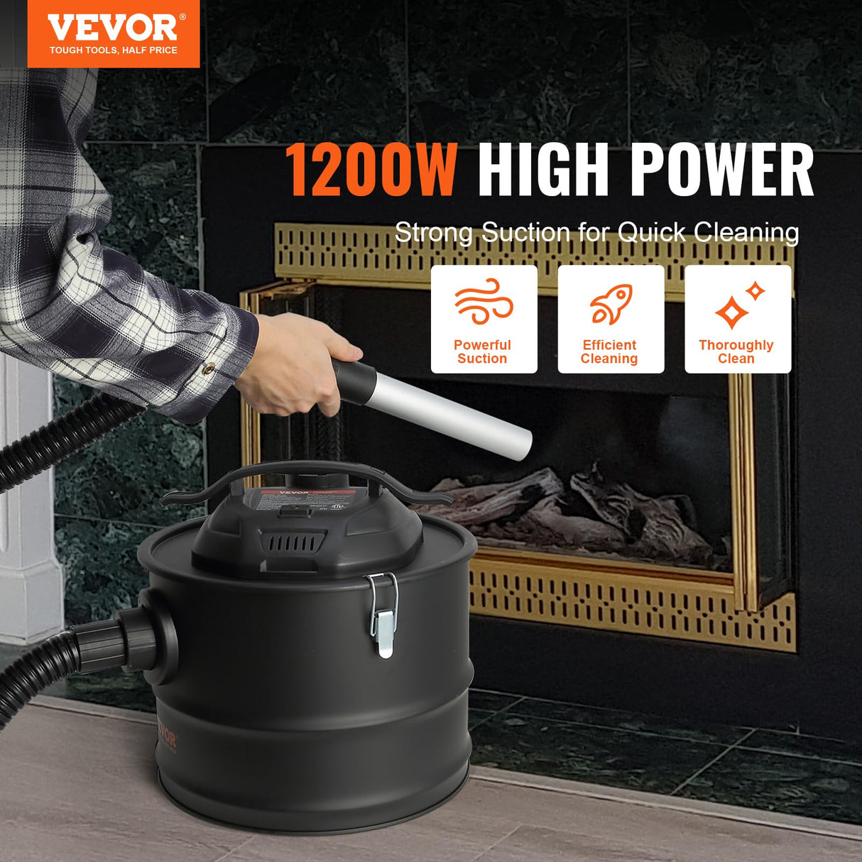VEVOR Vacuum Cleaner 4 Gallon with 1200W Powerful Suction, Ash Vac Collector with 47.2 in Flexible Hose, for Fireplaces, Pellet, Wood Stove, Log VEVOR