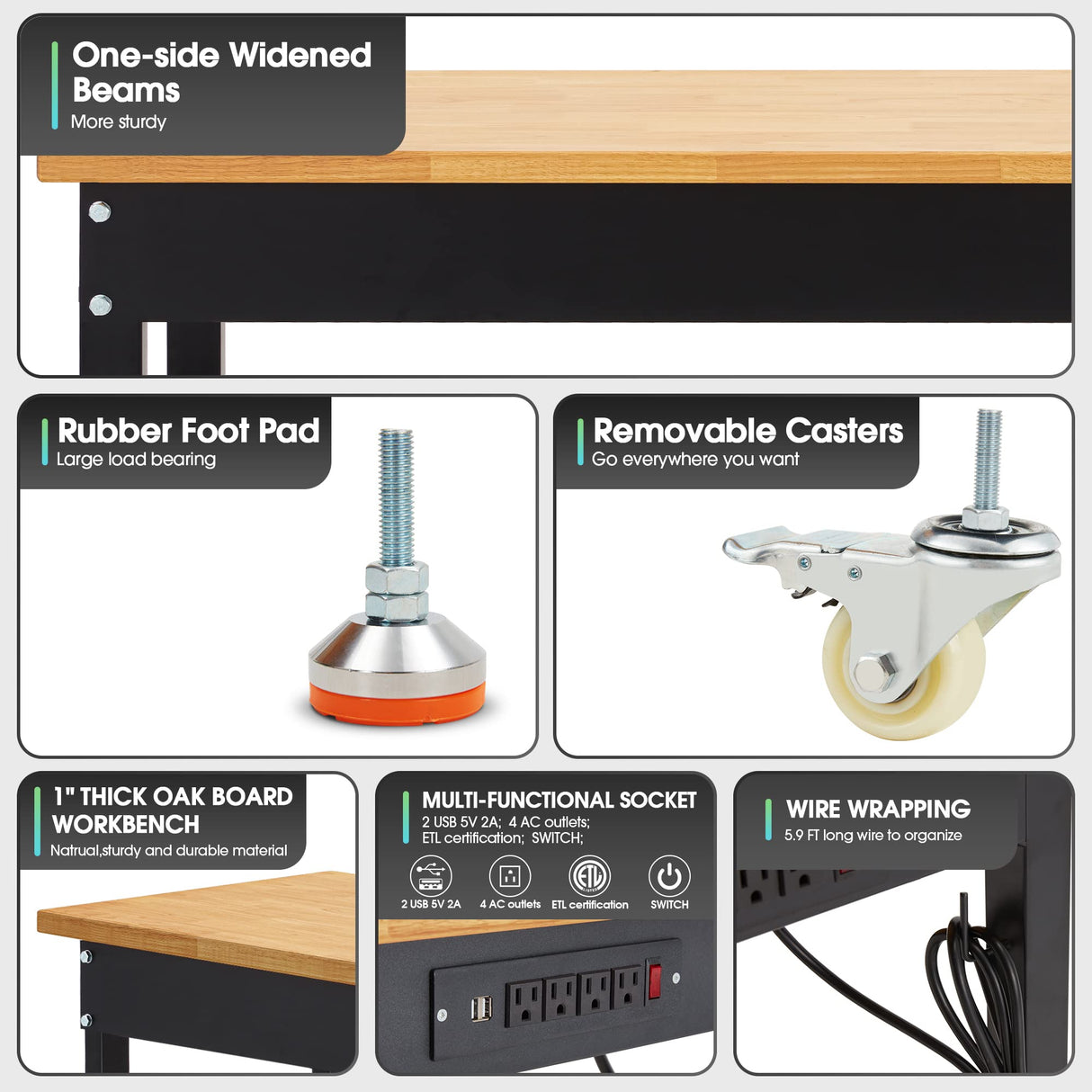 Antifir 60" ×24'' Adjustable Workbench,Rolling Heavy-Duty Worktable with Power Outlet and Wheels,Large Load Capacity Rubber Wood Top Workbench for Antifir