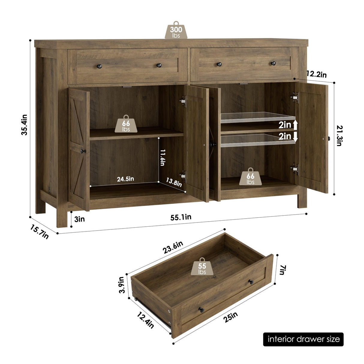 HOSTACK 55" Buffet Sideboard Cabinet with Storage, Modern Farmhouse Coffee Bar Cabinet with Drawers and Shelves, Barn Doors Storage Cabinet for HOSTACK