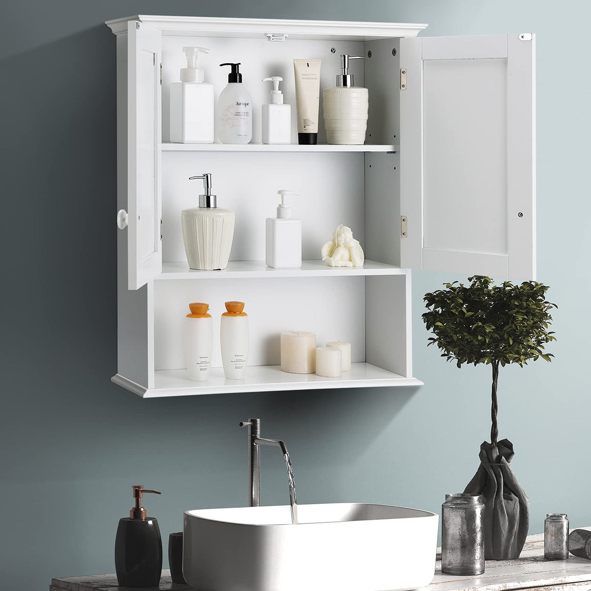 COSTWAY Wall Mounted Bathroom Cabinet, Over The Toilet Storage Cabinet w/Double Doors & Adjustable Shelf, Wood Hanging Medicine Cabinet for Living COSTWAY