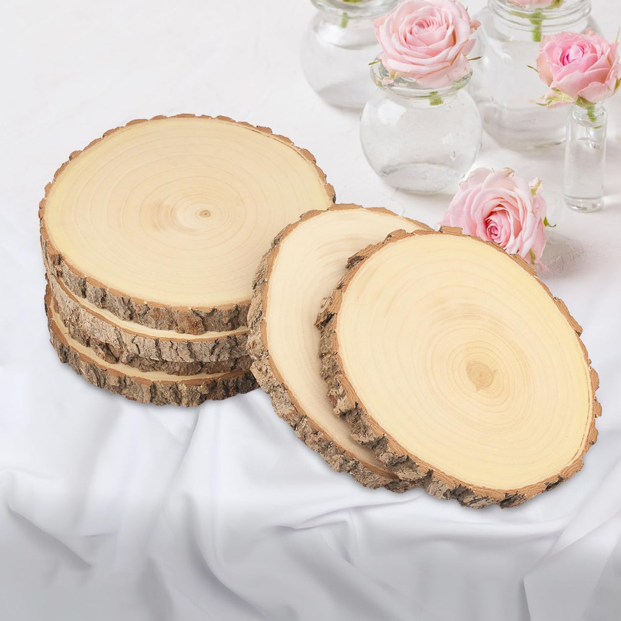 4 PCS 8-9 Inch Natural Wood Slices, Unfinished Paulownia Wood Circles with Barks for Coasters, DIY Crafts, Christmas Rustic Wedding Ornaments and GNIEMCKIN