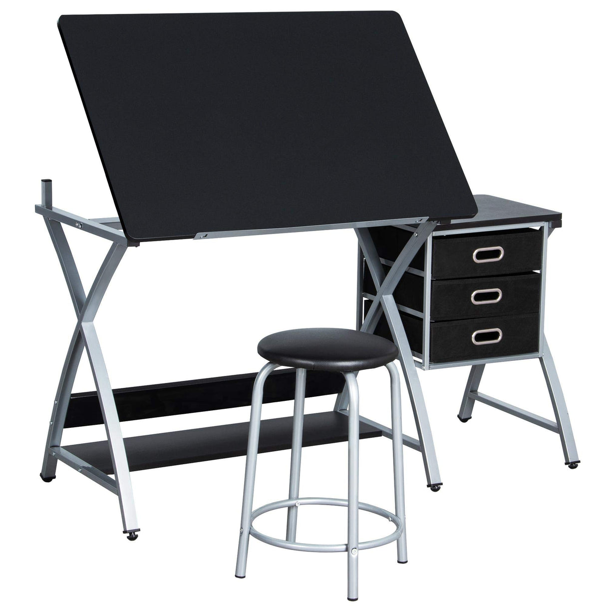 Topeakmart Drafting Tables, Draft Drawing Desk w/Stool and Tiltable Tabletop, 3 Storage Drawers, Reading, Writing Art Crafting Workstation, Black Topeakmart