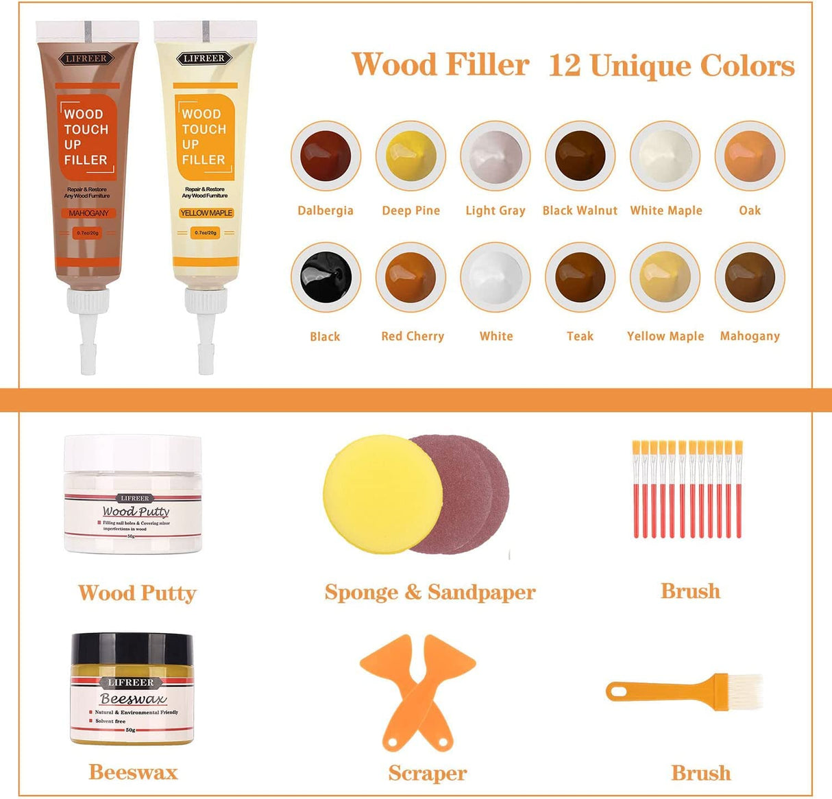 Lifreer Wood Furniture Repair Kit, High-Performance Wood Filler, Wood Putty with Beeswax - Hardwood Floor Scratch Repair Kit for Scratch, Cracks, Lifreer