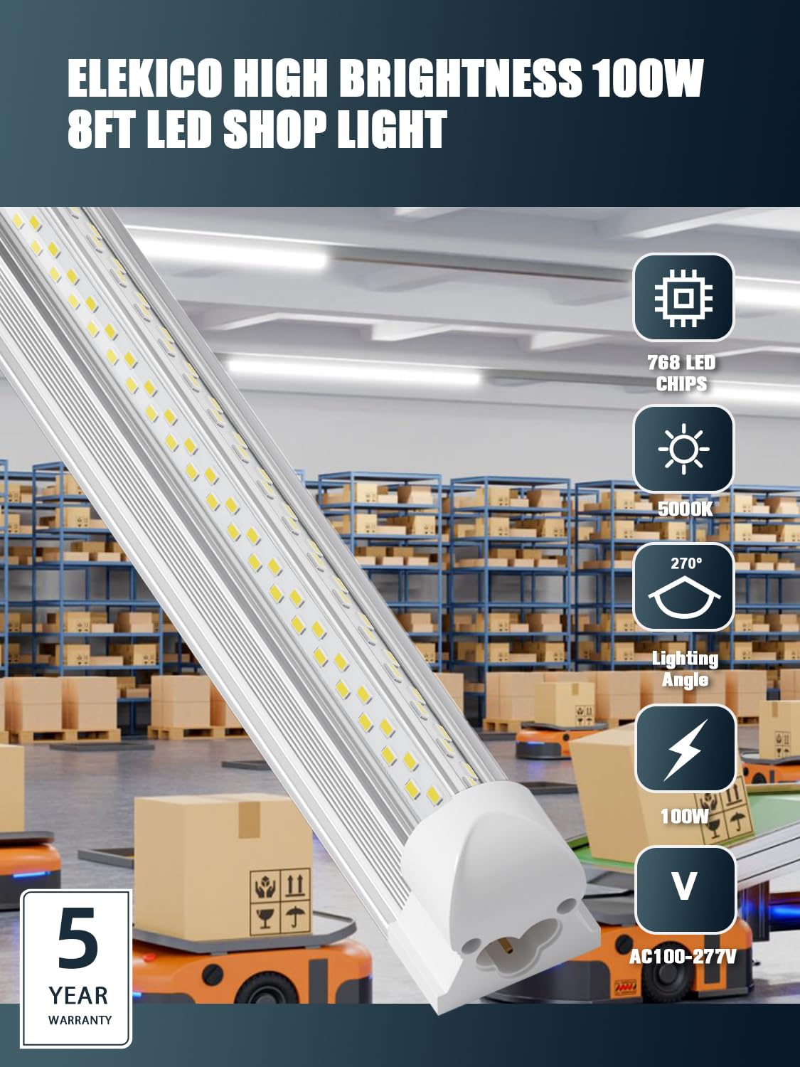 ELEKICO 6 Pack 100w 8ft Led Shop Light, Super Bright 15000lm 5000k V Shape 8' Led Shop Lights, Linkable 8 Foot Led Shop Lights for Garage Warehouse, ELEKICO