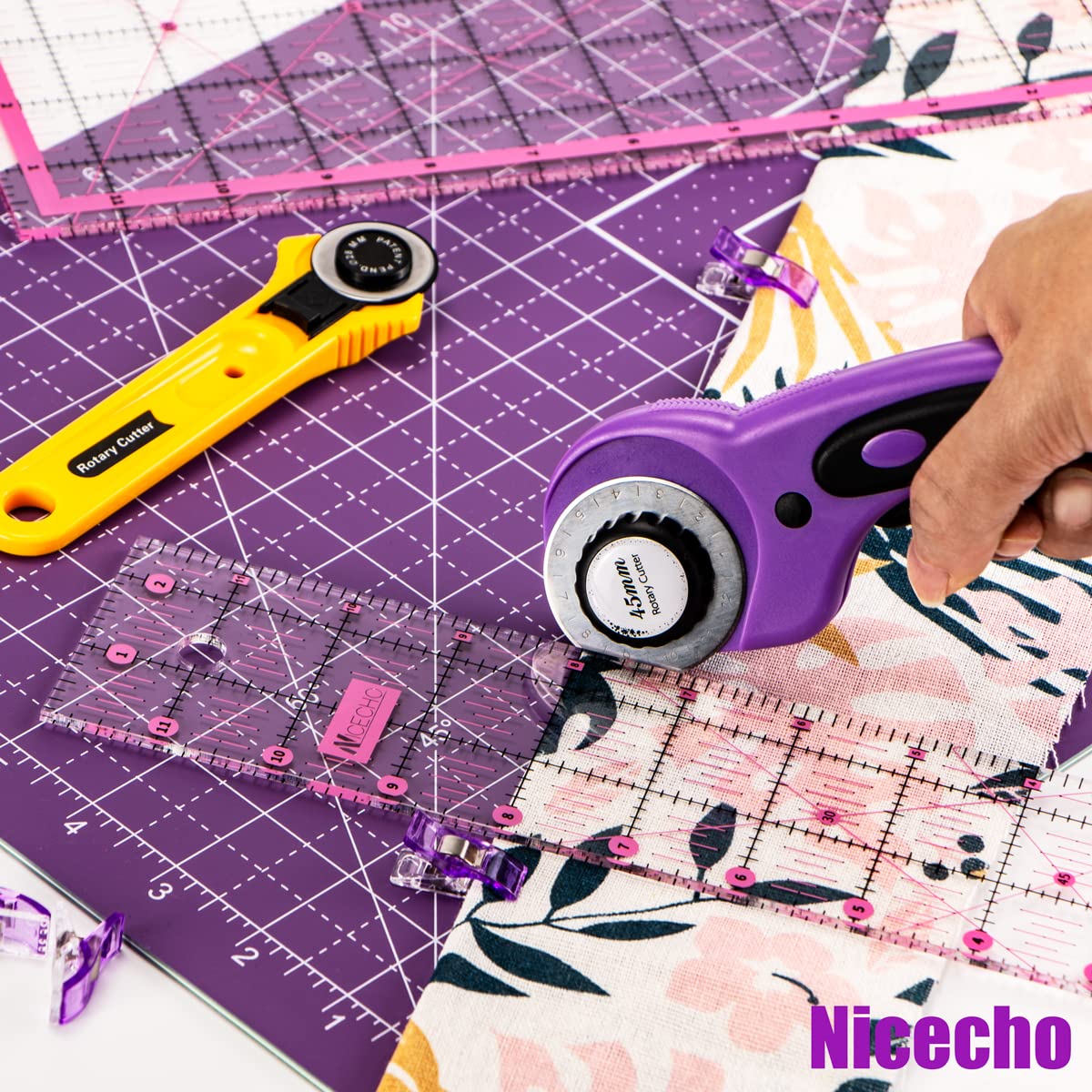 Rotary Cutter Set,Nicecho Sewing Quilting Supplies,45mm & 28 mm Fabric Cutters,8 Rotary Cutter Blades,A3 Cutting Mat for Sewing,6x12 & 2.5x12 In Nicecho