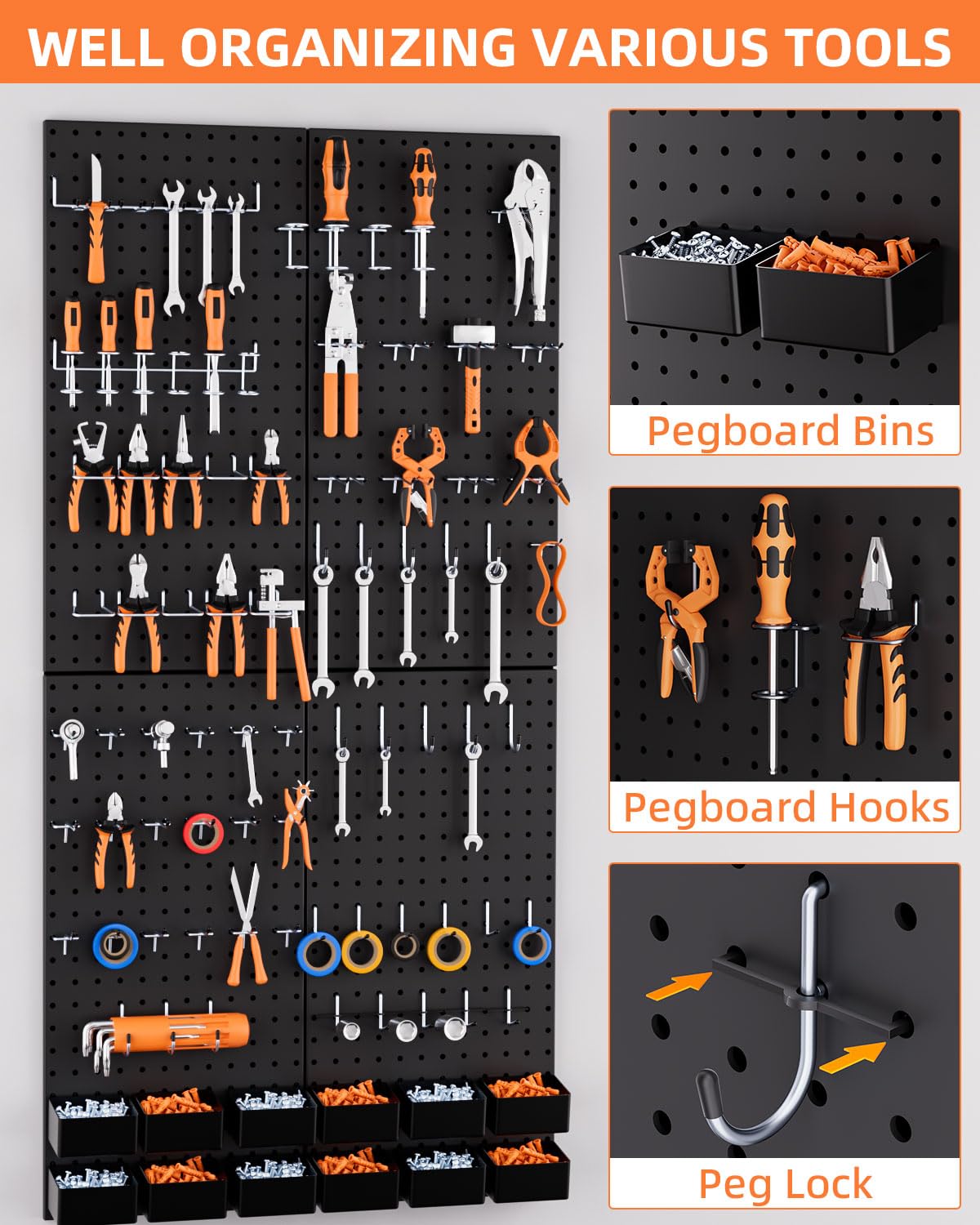 INCLY 158PCS Metal Pegboard Wall Organizer, 48x24 Inch Black Pegboard Panels Tool Organizer Kit with Accessories Hooks and Bins, Peg Board Utility INCLY