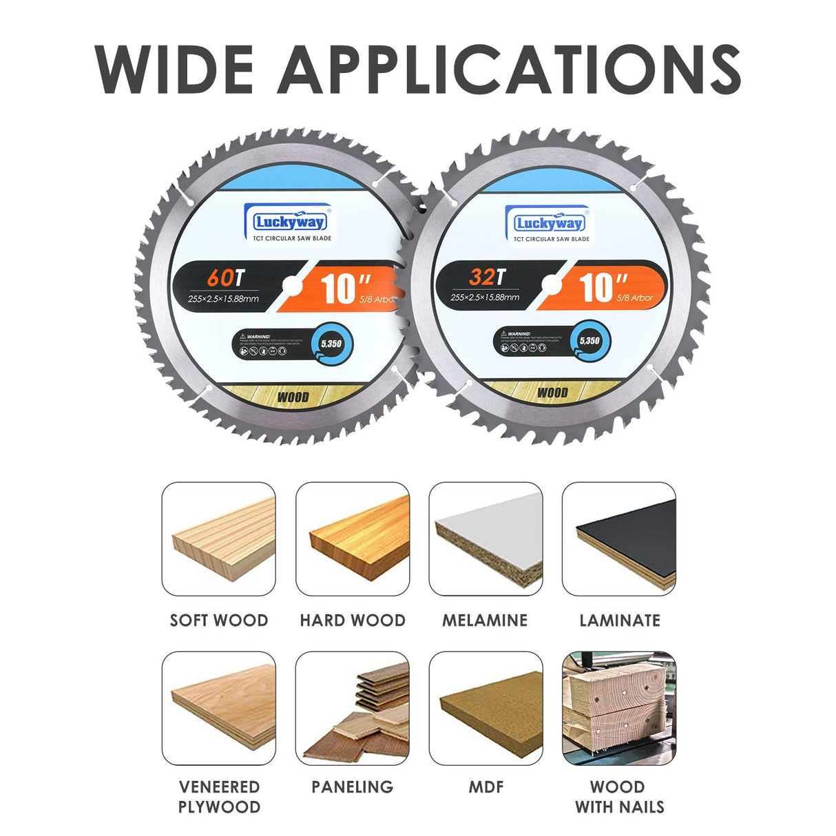 Luckyway 2-Pack 10 Inch Miter/Table Saw Blades 32T&60T with 5/8 Inch Arbor TCT Circular Saw Blade for Cutting Wood Luckyway