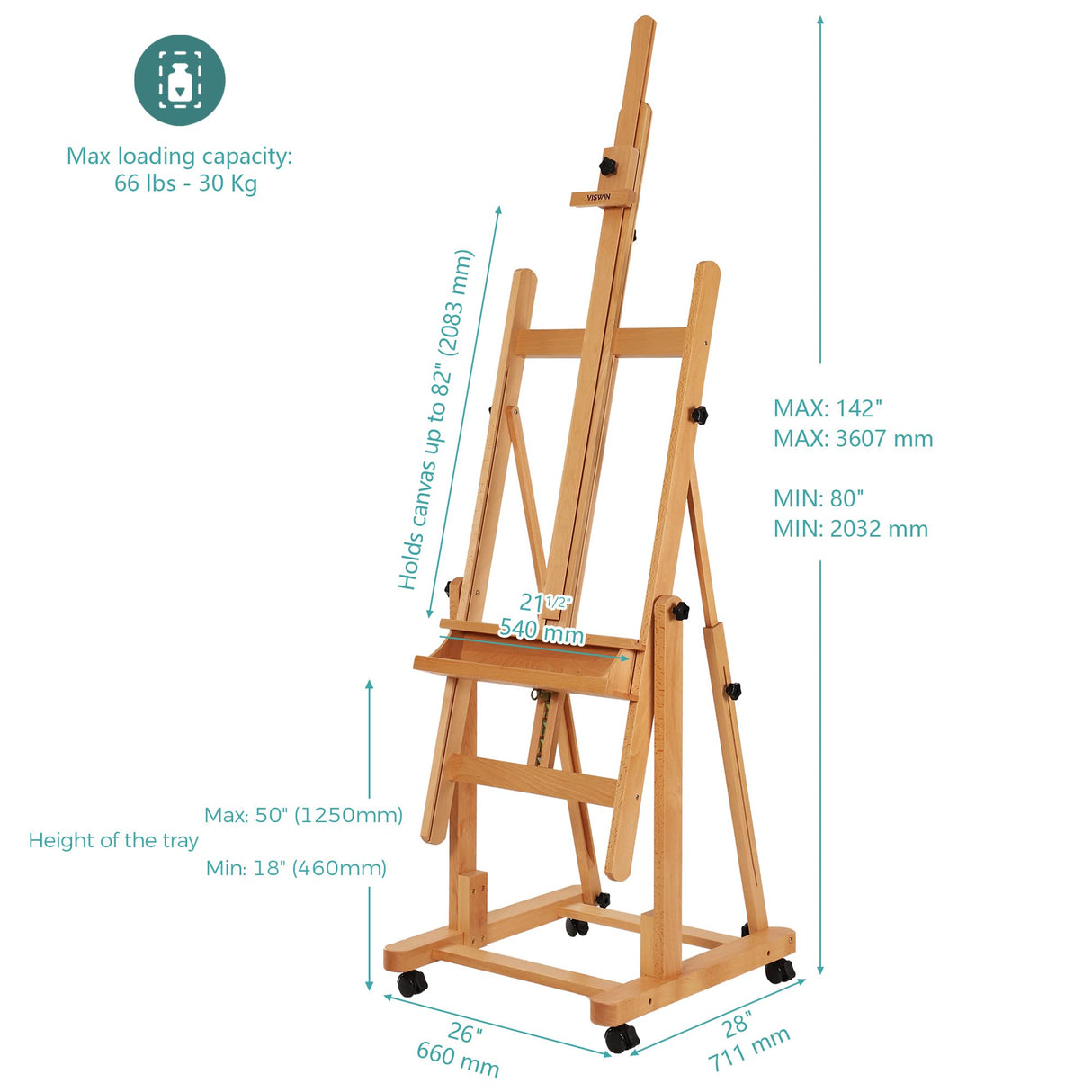 VISWIN Heavy-Duty Extra Large H Frame Easel, Hold Canvas to 82", Tilts Flat, Professional Solid Beech Wood Studio Artist Easel with Storage, Wheels, VISWIN