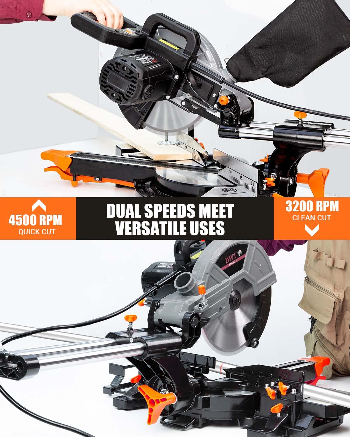 DWT Sliding Compound Miter Saw with 3 Blades, 15A 10", Double Speed (4500 RPM & 3200 RPM), Bevel Cut (0Β°-45Β°) with Laser, Extension Table, Iron Blade DWT
