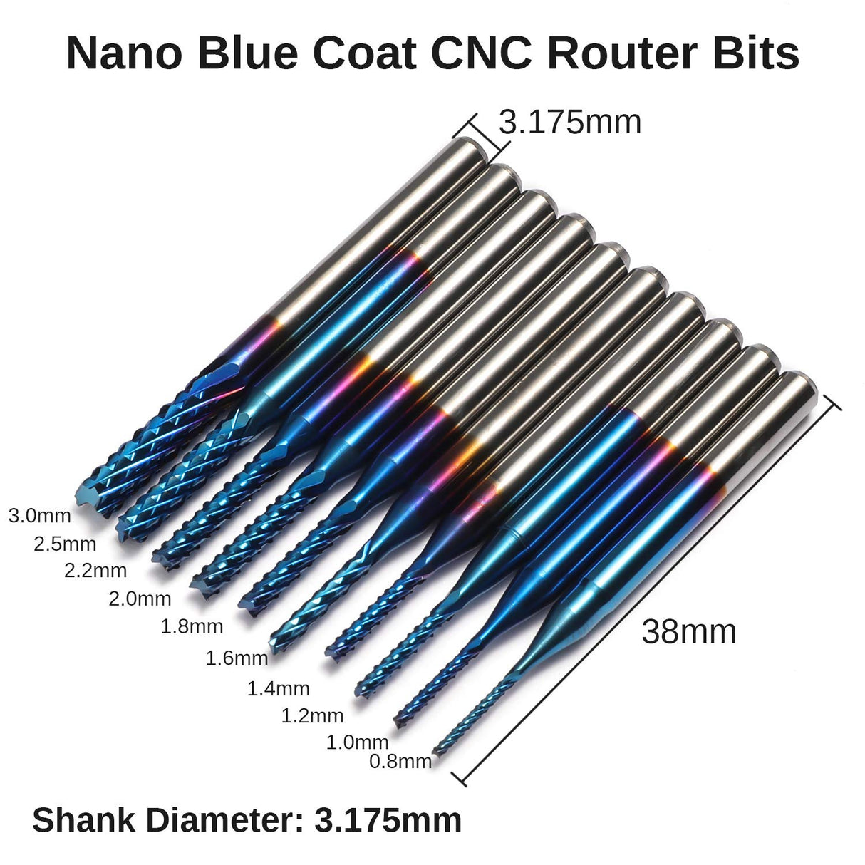 Genmitsu 40pcs End Mills CNC Router Bits, 1/8" Shank CNC Cutter Milling Carving Bit Set Including 2-Flute Flat Nose & Ball Nose, Nano Blue Coat & Genmitsu