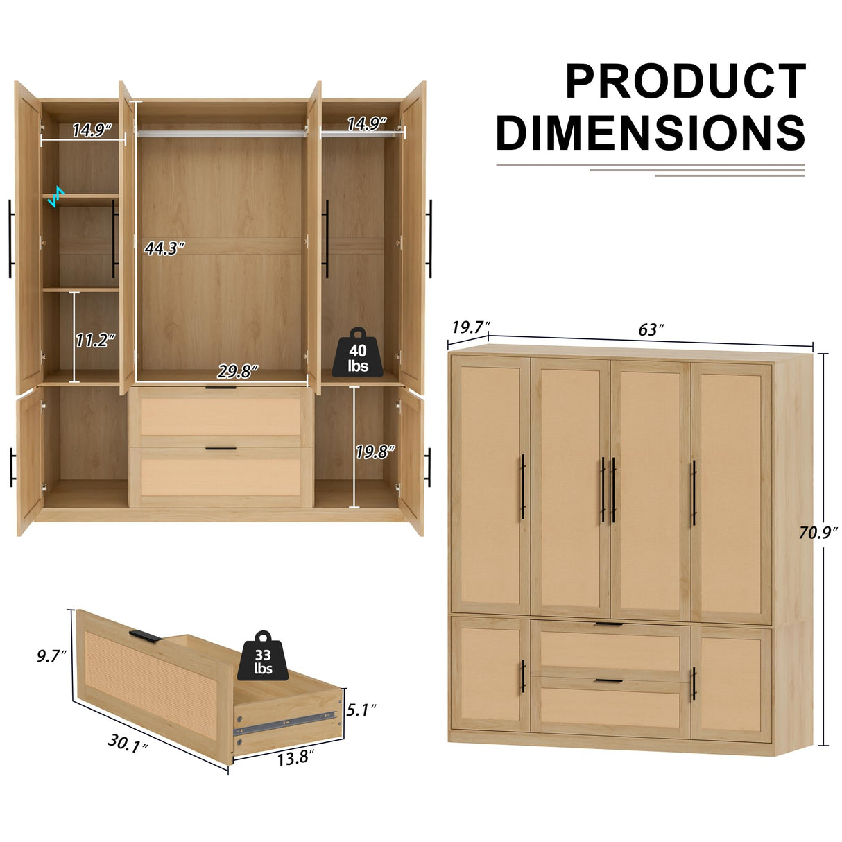 UEV Brown 6 Doors Rattan Armoire Wardrobe Closet,63" Large Armoire Storage Cabinet with 2 Drawers Side Shelves,Wooden Wardrobe Closet with 2 Hanging UEV