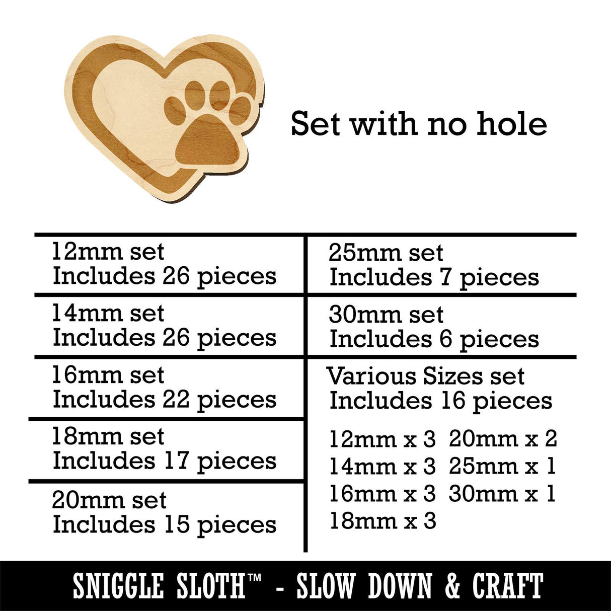 Heart with Paw Print Mini Wood Shape Charms Jewelry DIY Craft - 30mm (6pcs) - No Hole Sniggle Sloth