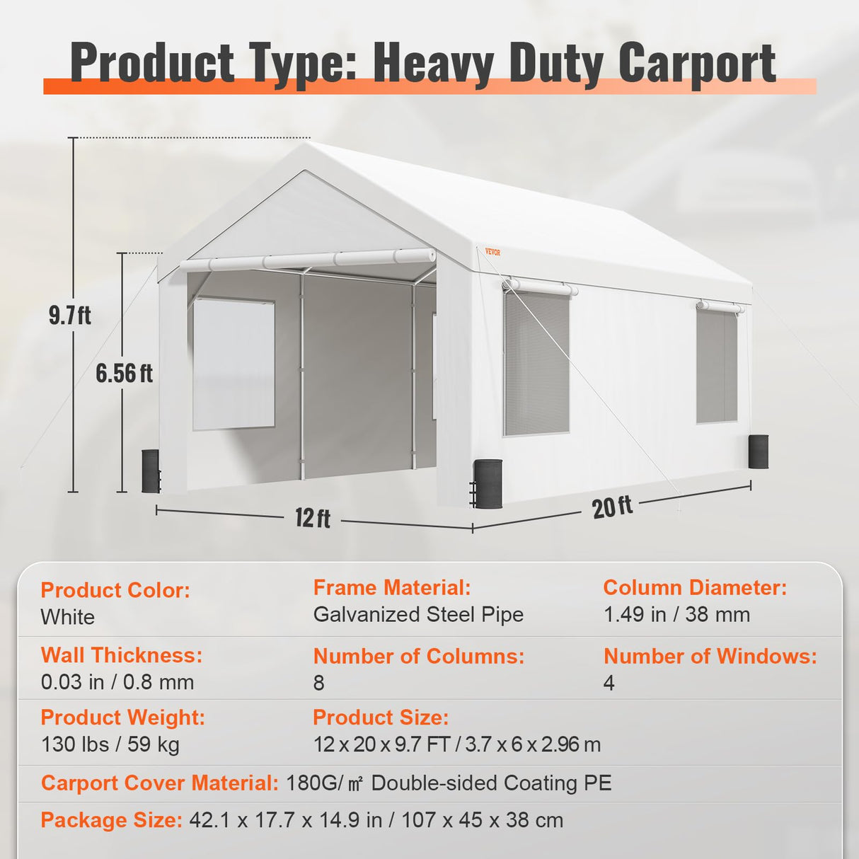 VEVOR Carport, 10x20ft Heavy Duty Car Canopy, Portable Garage with Roll-up Ventilated Windows & Removable Sidewalls, UV Resistant Waterproof VEVOR