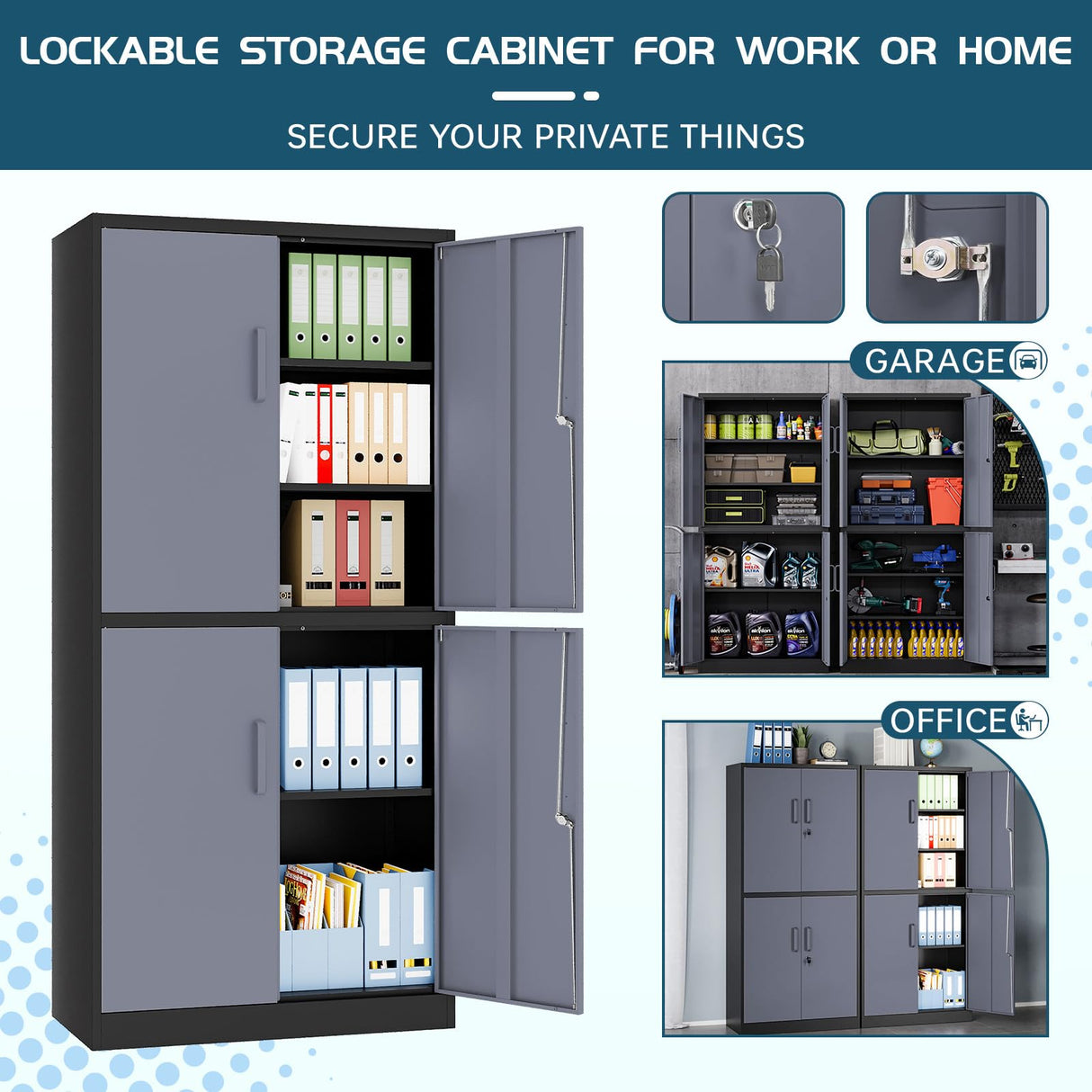 MIIIKO Metal Garage Storage Cabinet with 4 Doors, Locking Steel Locker Cabinet with Doors and Shelves, for Home, Garage, Pantry, Office and Workshop MIIIKO