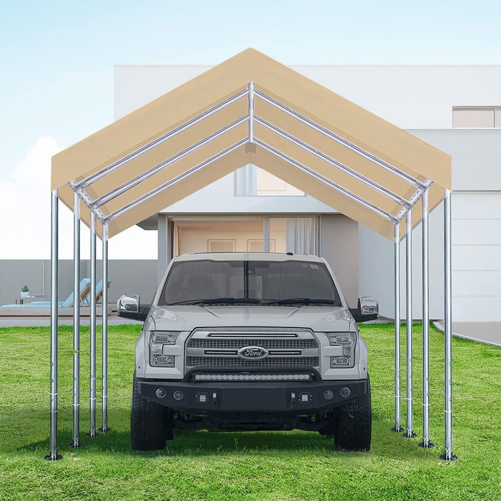 Rutile 12'x20' Carport Canopy ONLY Tent Garage Replacement Top Tarp Car Shelter Cover w/Ball Bungees Beige (Only Top Cover, Frame is not Included) WoodArtSupply