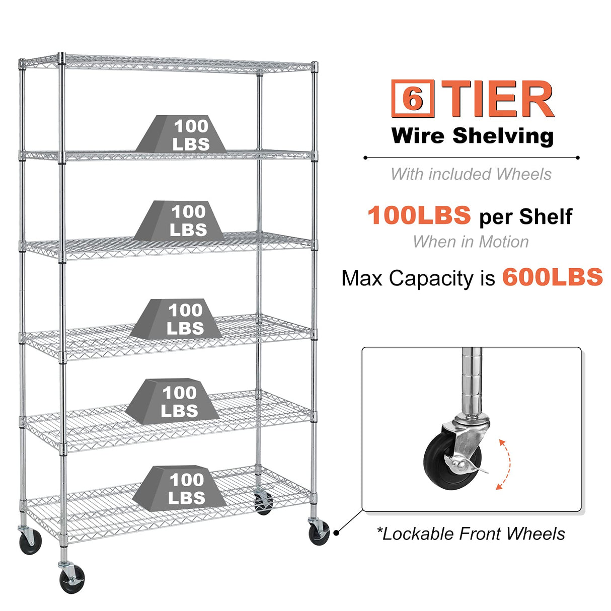 YYkokocat Heavy Duty 6 Tier Shelving Unit Adjustable 6000Lbs Capacity Steel Storage Rack 18" x 48 x 76 Mobile Shelves Wire Shelf Silver Rolling YYkokocat