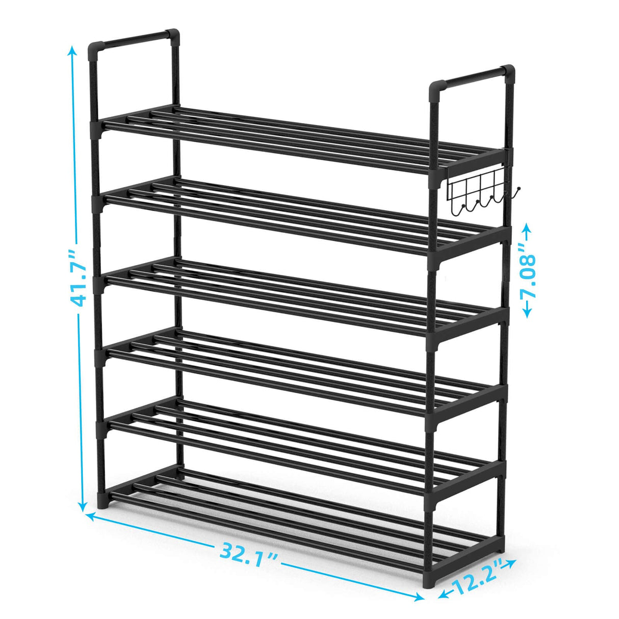 Hsscblet 6 Tiers Metal Shoe Rack,Adjustable Shoe Shelf Storage Organizer with Hooks,Stackable Boot & Shoe Storage,for Entryway,Hallway,Closet,Black Hsscblet