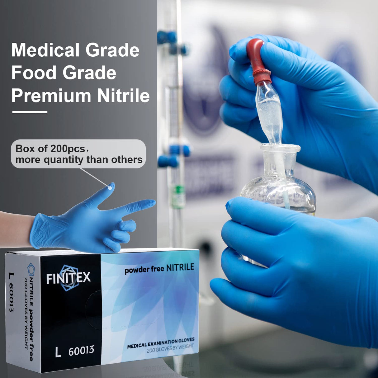 FINITEX Blue Disposable Nitrile Exam Gloves - 200 PCS/BOX 3.5mil Rubber Powder-Free Latex-Free Medical Examination Home Cleaning Food Gloves, X-LARGE FINITEX