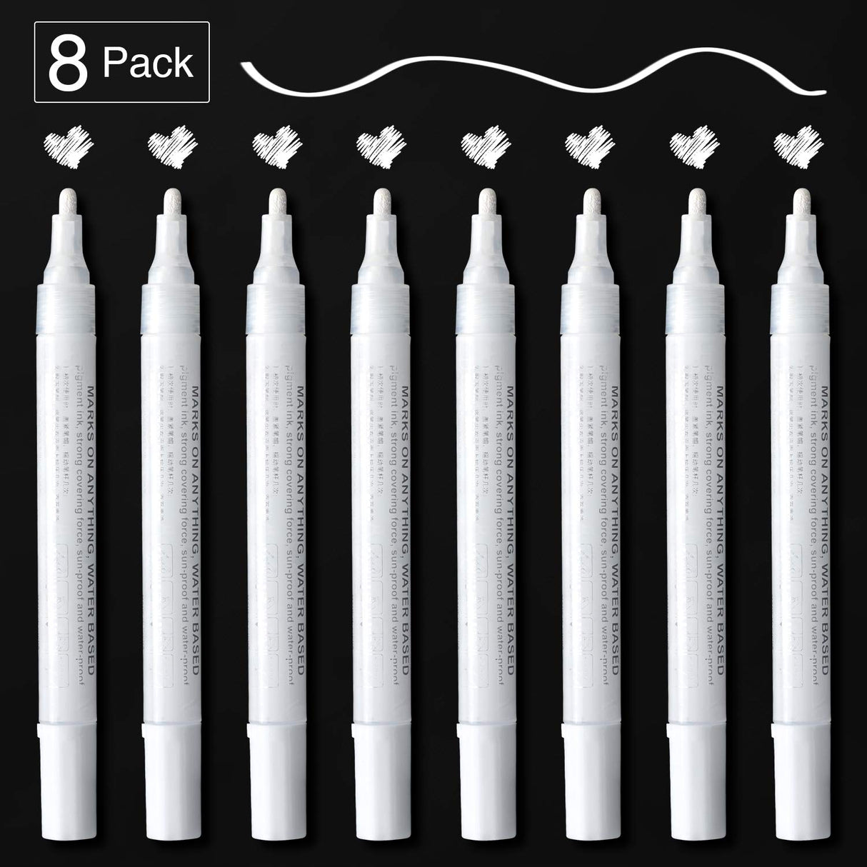 White Paint Pen for Art - 8Pack Acrylic White Paint Marker for Rock Painting, Stone, Wood, Canvas, Glass, Metal, Metallic, Ceramic, Tire, Graffiti, AKARUED