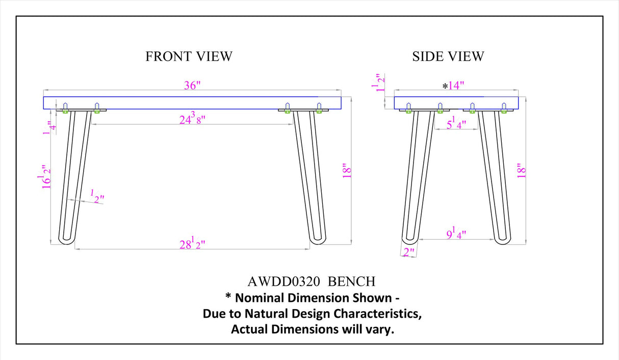 Alaterre Furniture Hairpin Bench, 36 Inch, Natural Alaterre Furniture