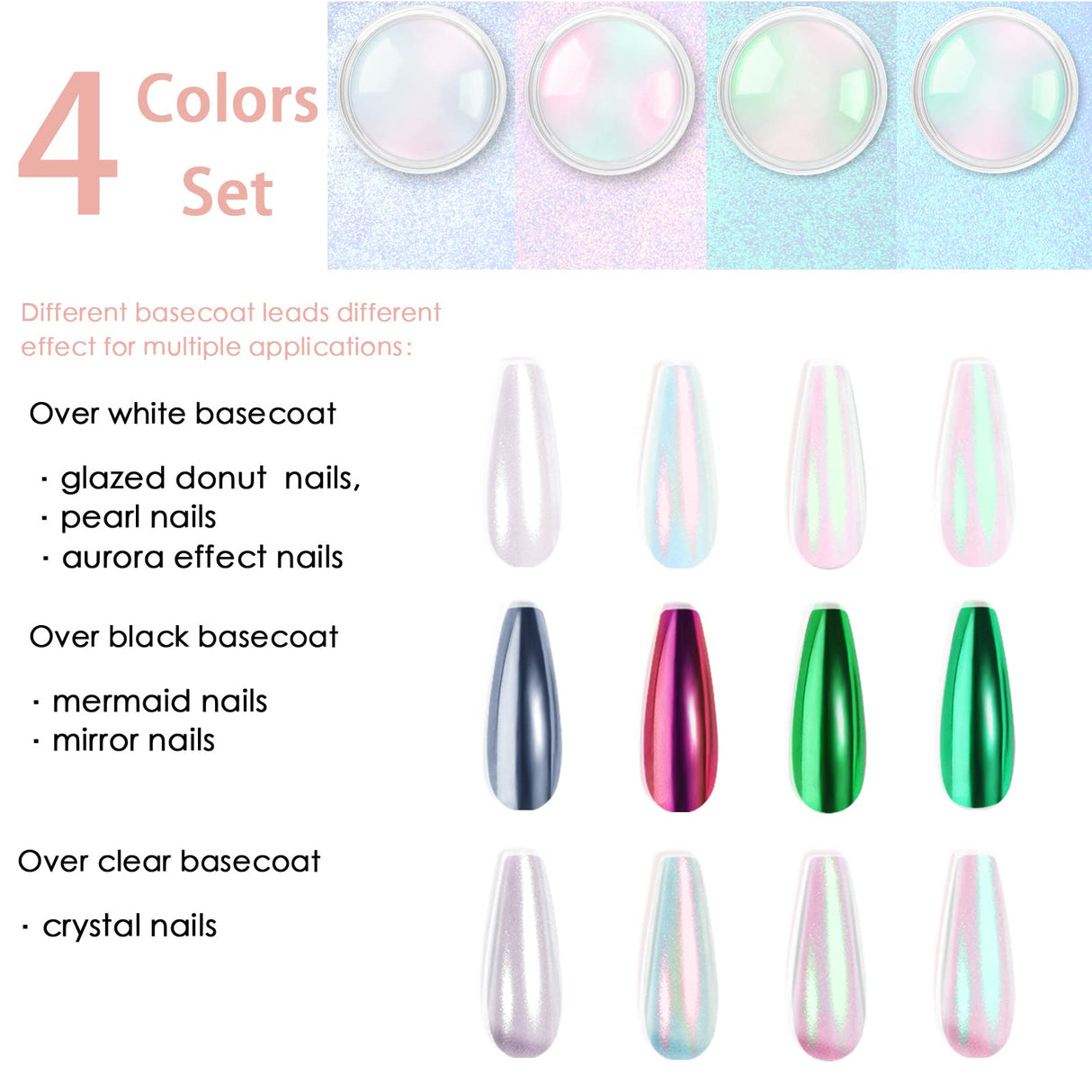 Allstarry Chrome Nail Powder Metallic Mirror Effect Pigment Iridescent Aurora, Mermaid Pearl Glitter Dust Kit for Gel Polish Nail Art Decoration, Allstarry
