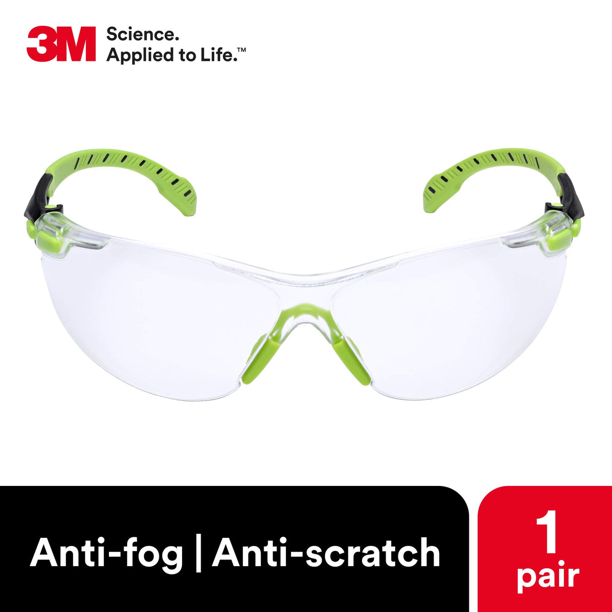 3M - S1201SGAF Safety Glasses, Solus 1000 Series, ANSI Z87, Scotchgard Anti-Fog, Clear Lens, Green/Black Frame 3M