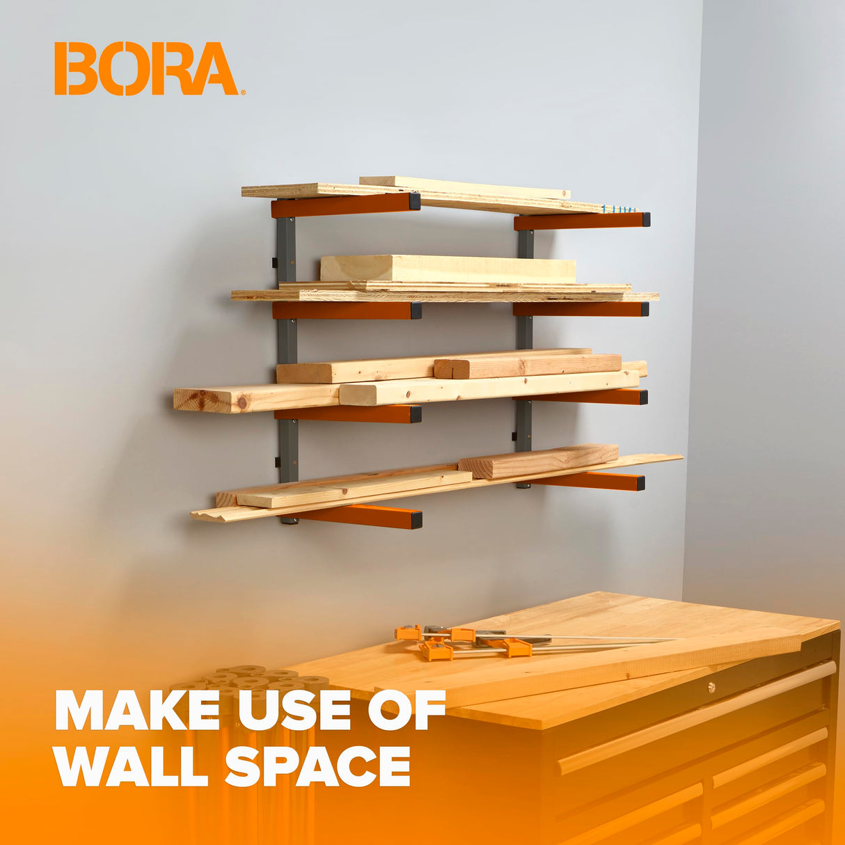 Bora Portamate Wood Organizer and Lumber Storage Metal Rack with 4-Level Wall Mount, Indoor & Outdoor Use PBR-0410 Bora