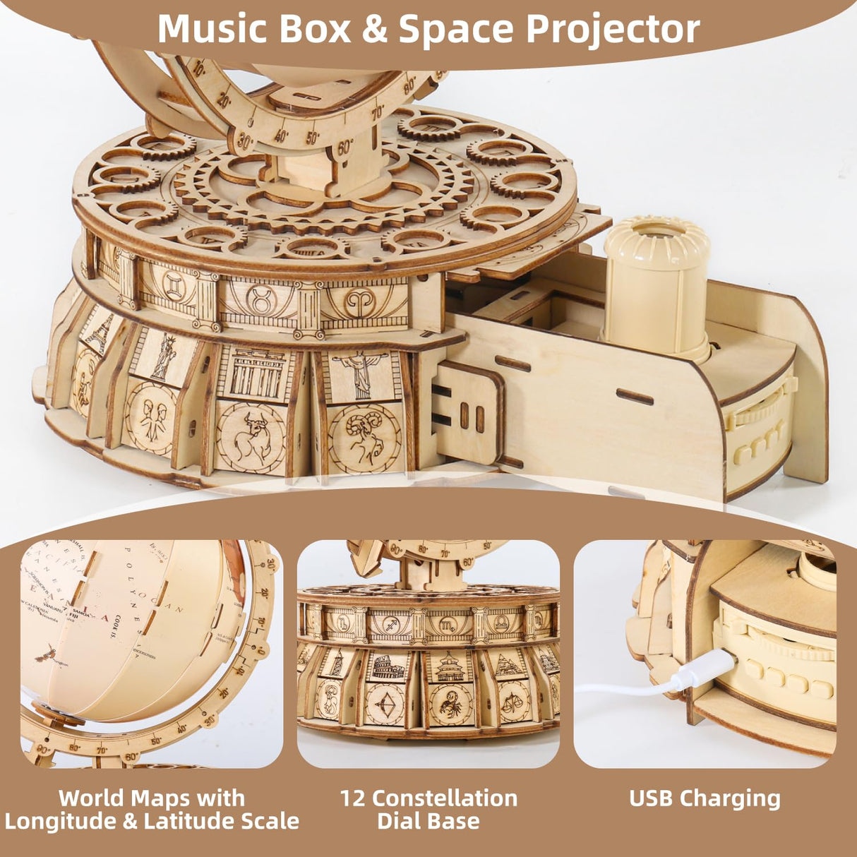 MIEBELY 3D Wooden Puzzles for Adults Bundle Set - Marble Run Model Building Kits & Illuminous Music Box Globe, Unique Gift Hobby for Boys Girls MIEBELY