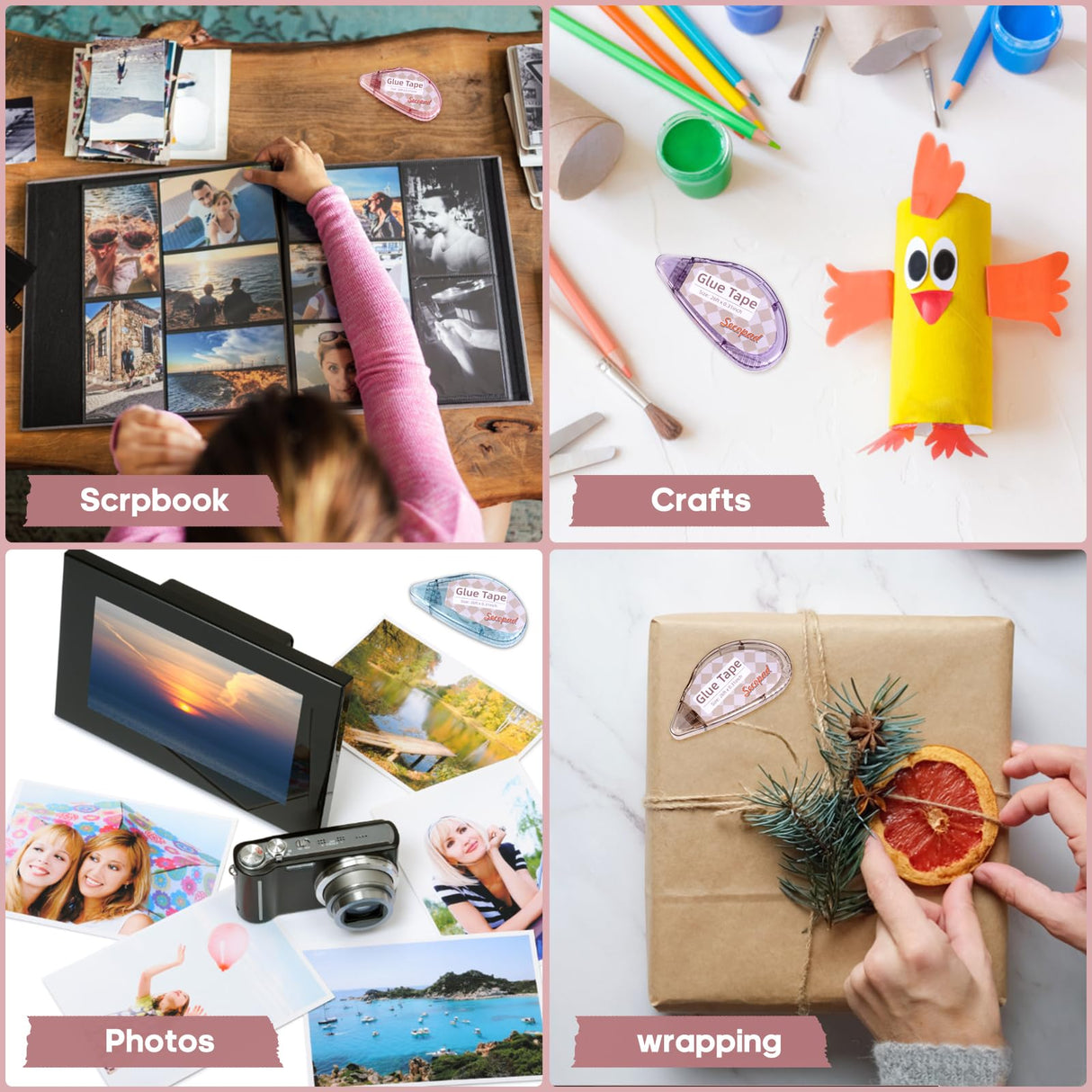 Secopad Scrapbook Tape, 4 Pack Double Sided Tape Roller for Crafts, Sticky Glue Tape Runner Scrapbooking Supplies for Kids and Adults, 0.3IN x 26FT Secopad