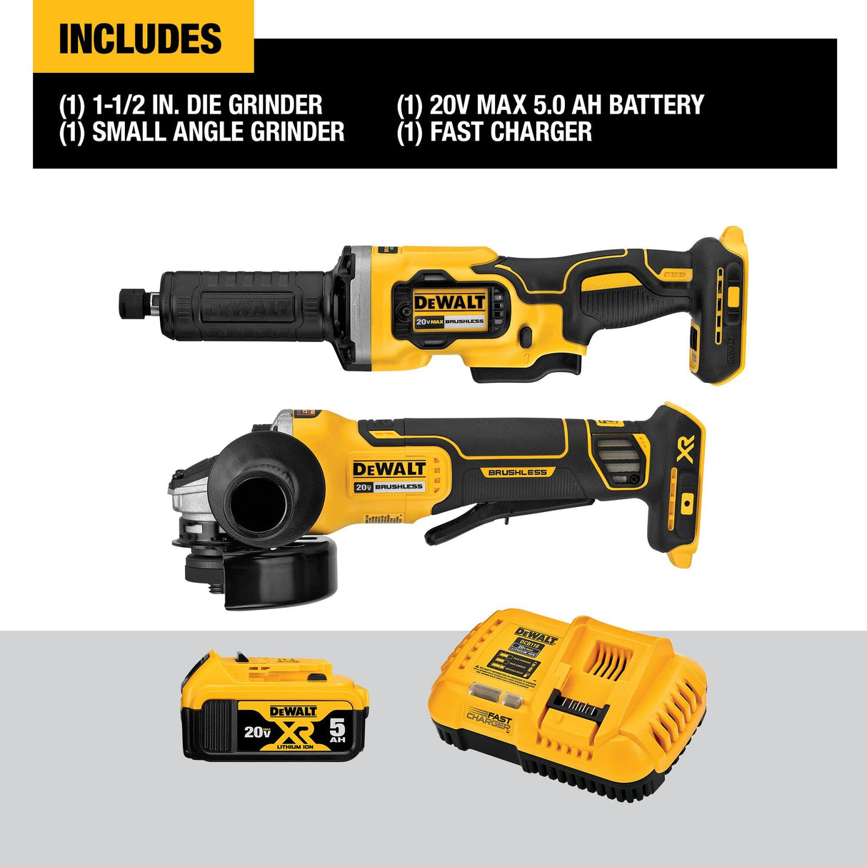 DEWALT 20V MAX Angle Grinder and Die Grinder, Cordless 2-Tool Set with Battery and Charger (DCK203P1), Yellow,white DEWALT