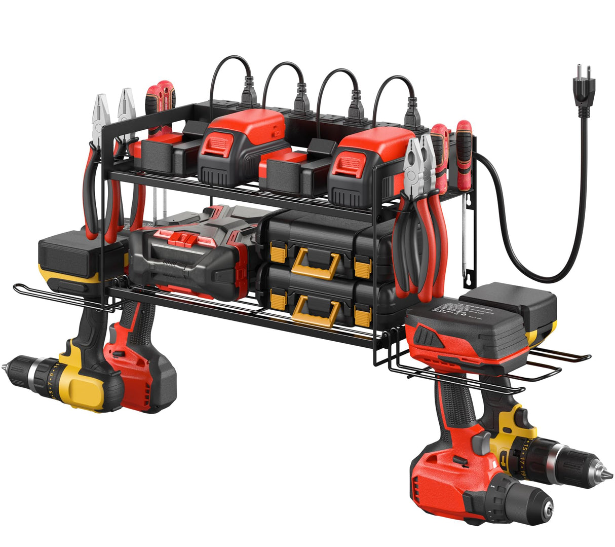 CCCEI Garage Tools Storage with Charging Station. Power Tool Battery Organizer Utility Shelf with Power Strip. 4 Drills Holder Wall Mount Rack, CCCEI