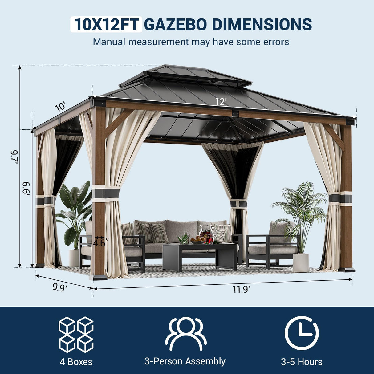 UDPATIO 10' x 12' Hardtop Gazebo, Wood Grain Finish Aluminum Frame Outdoor Gazebo with Galvanized Steel Double Roof, Metal Gazebo Canopy with Curtain UDPATIO