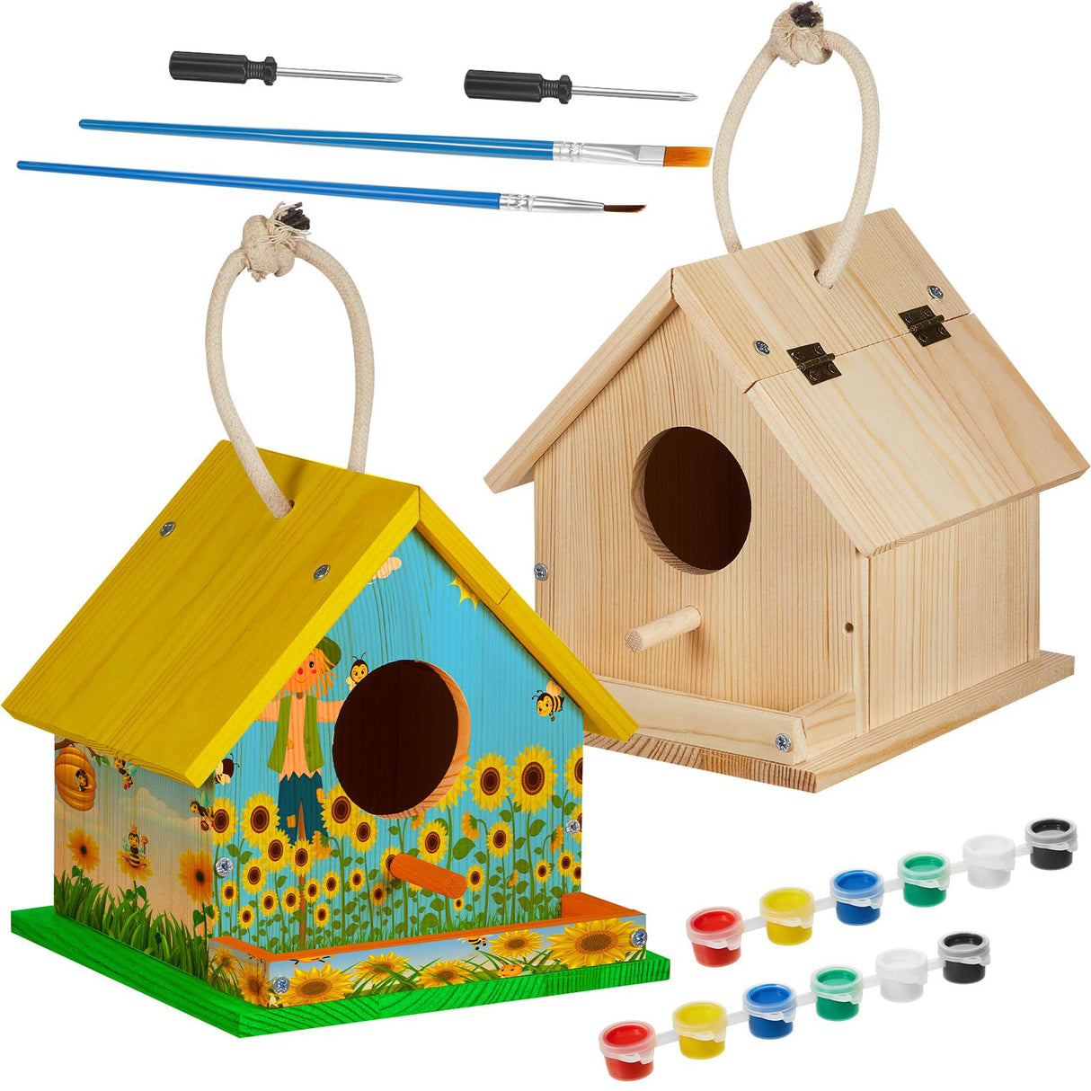 Liliful 2 Sets DIY Wooden Birdhouse Kits for Adults Wooden Bird Houses to Build with Paints and Paintbrushes Hanging Woodworking Kit for Boys and Liliful